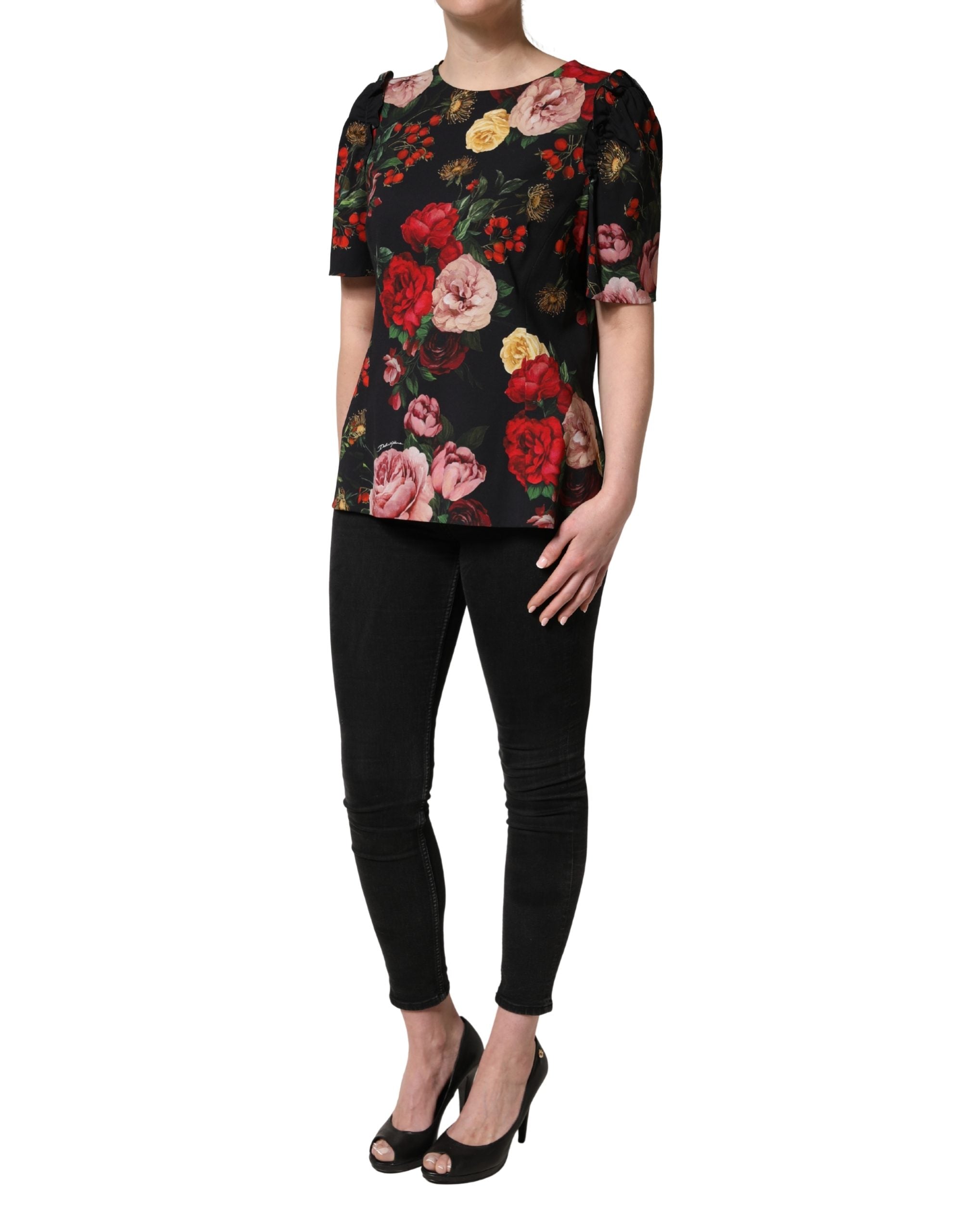 Dolce & Gabbana Black Floral Crepe Frill Detail Blouse Top Dolce & Gabbana