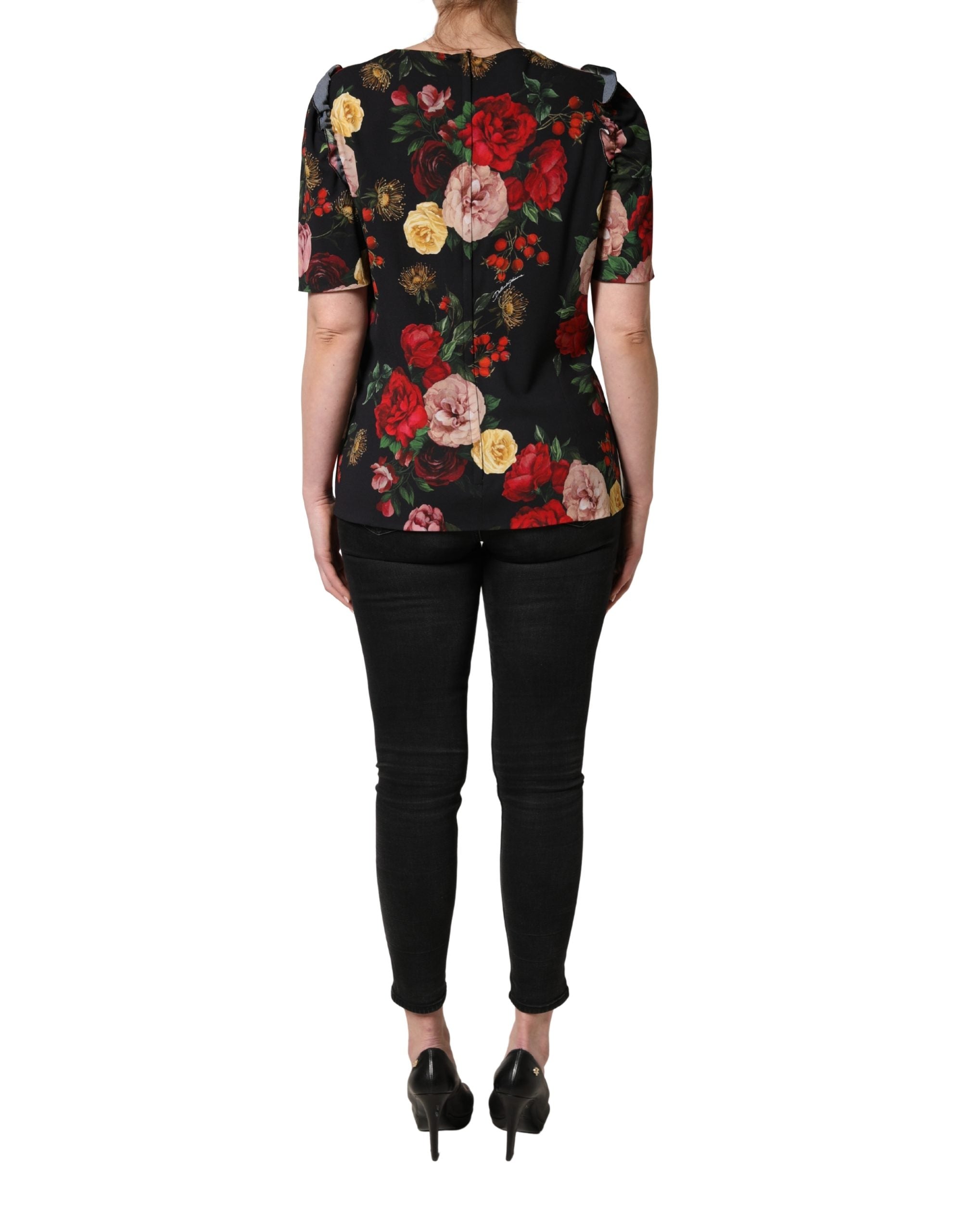 Dolce & Gabbana Black Floral Crepe Frill Detail Blouse Top Dolce & Gabbana