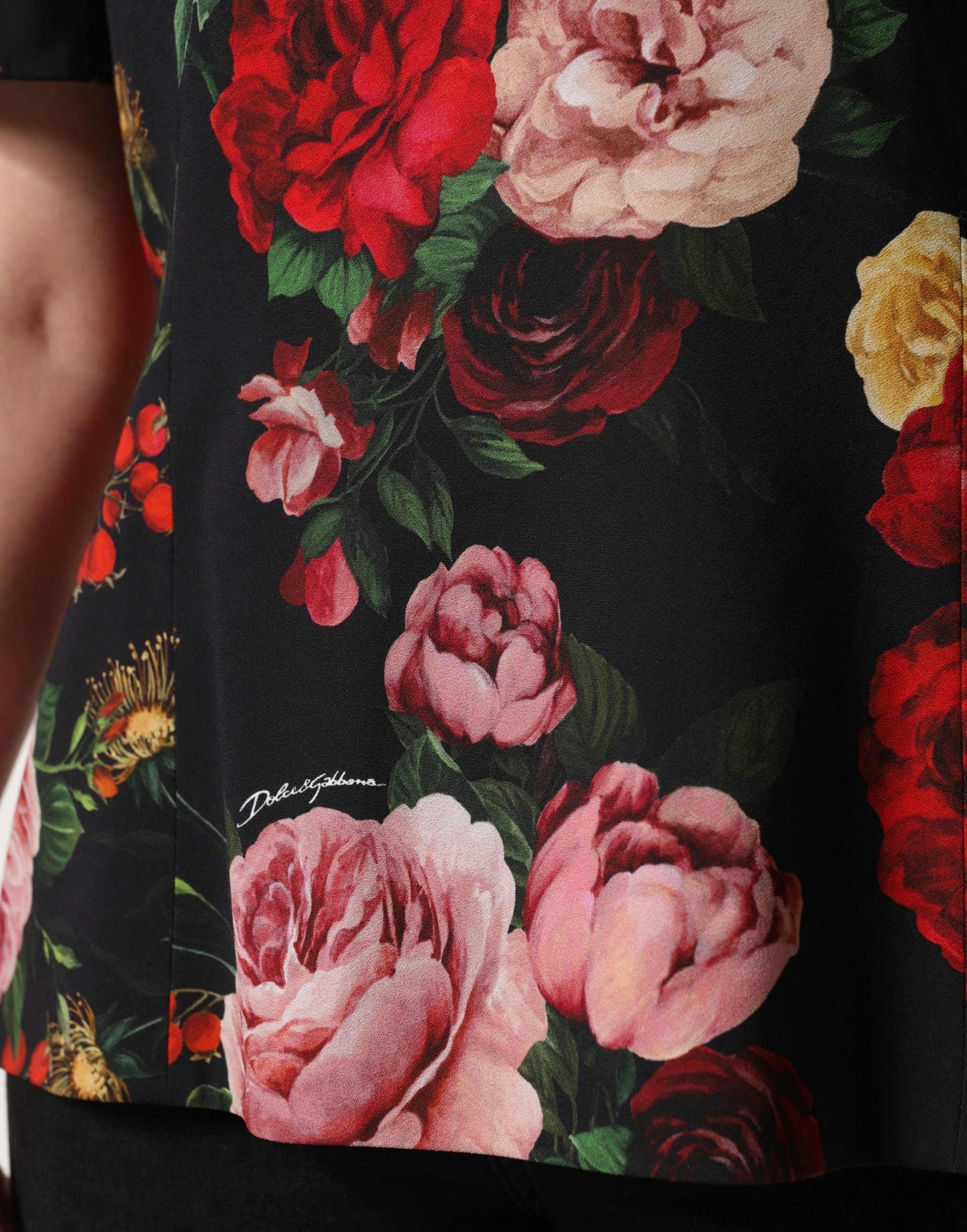 Dolce & Gabbana Black Floral Crepe Frill Detail Blouse Top Dolce & Gabbana
