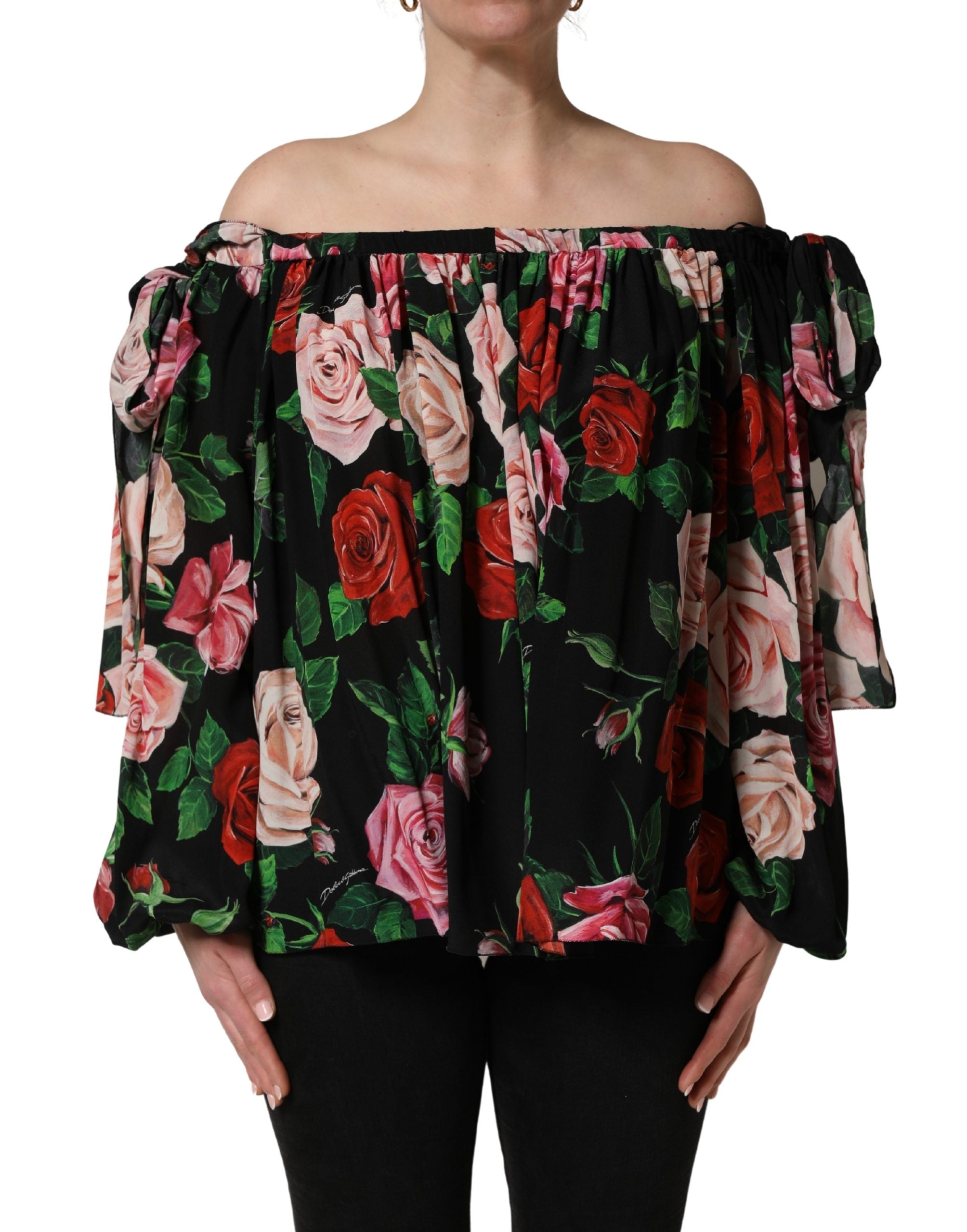 Dolce & Gabbana Black Rose Print Silk Off The Shoulder Blouse Top Dolce & Gabbana