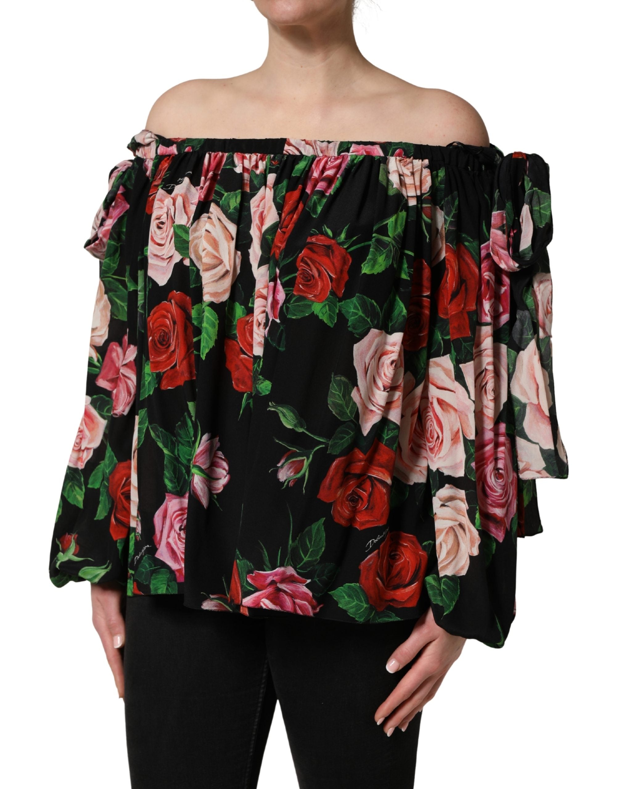 Dolce & Gabbana Black Rose Print Silk Off The Shoulder Blouse Top Dolce & Gabbana