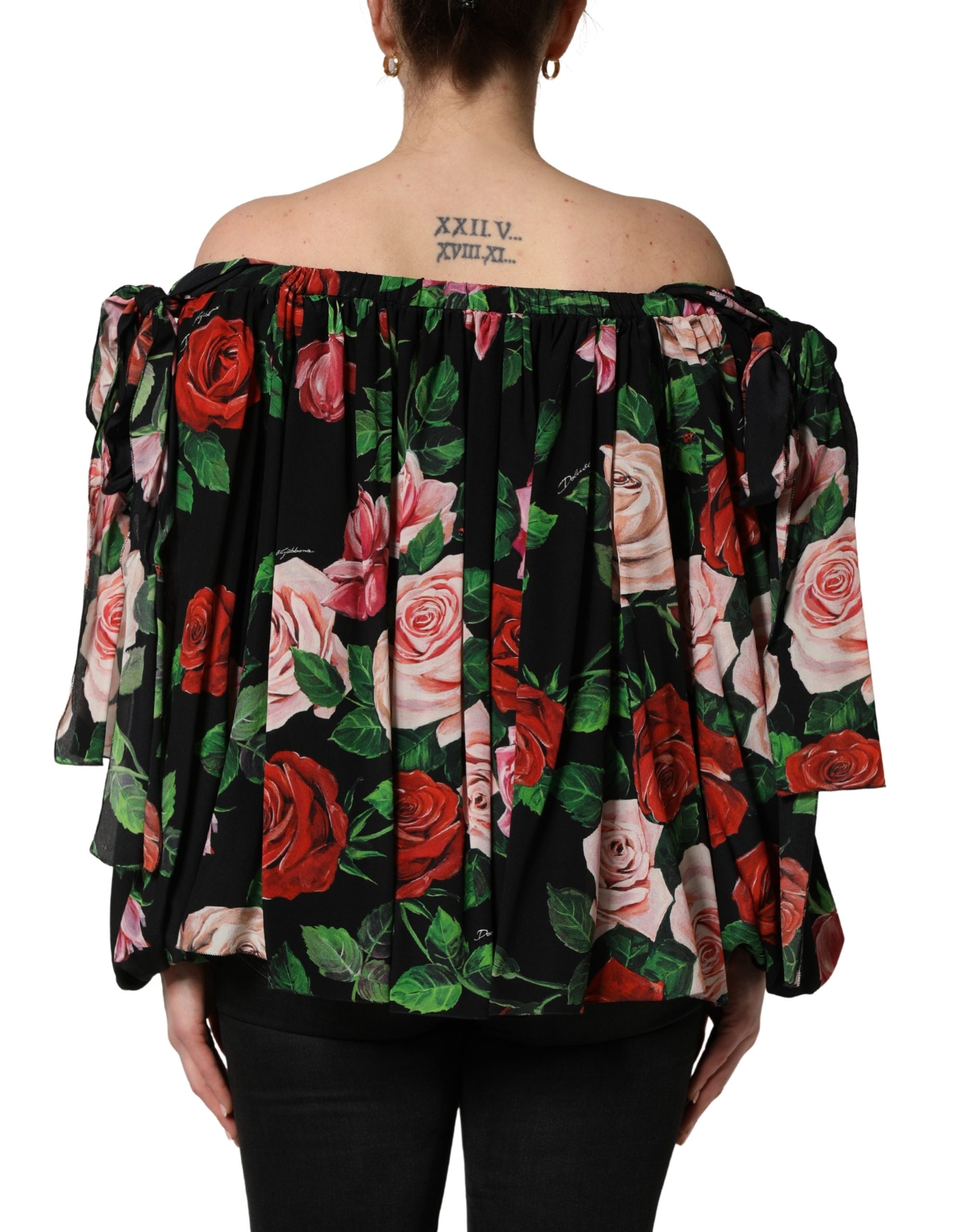 Dolce & Gabbana Black Rose Print Silk Off The Shoulder Blouse Top Dolce & Gabbana