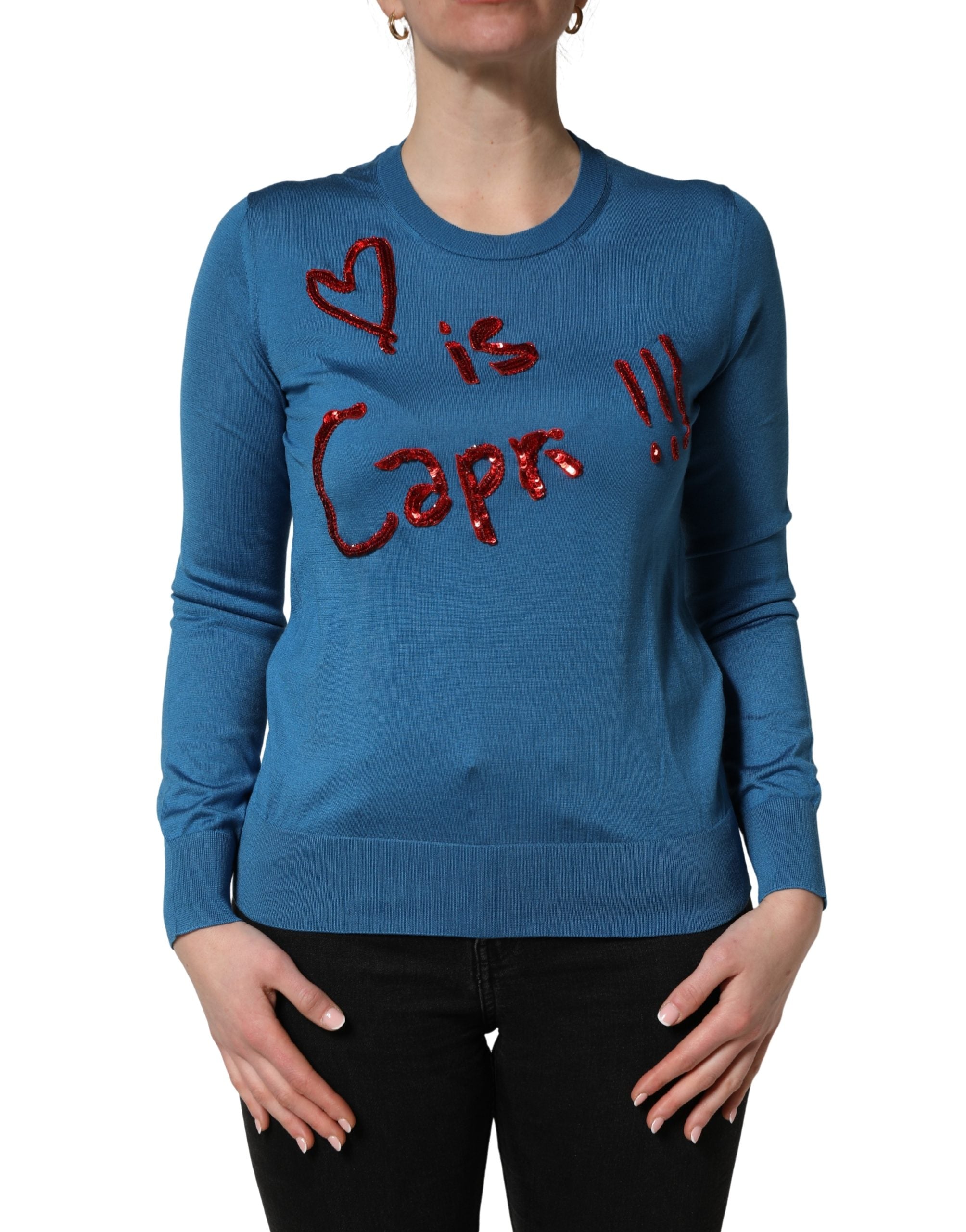 Dolce & Gabbana Blue Silk Sequined CrewNeck Pullover Sweater Dolce & Gabbana
