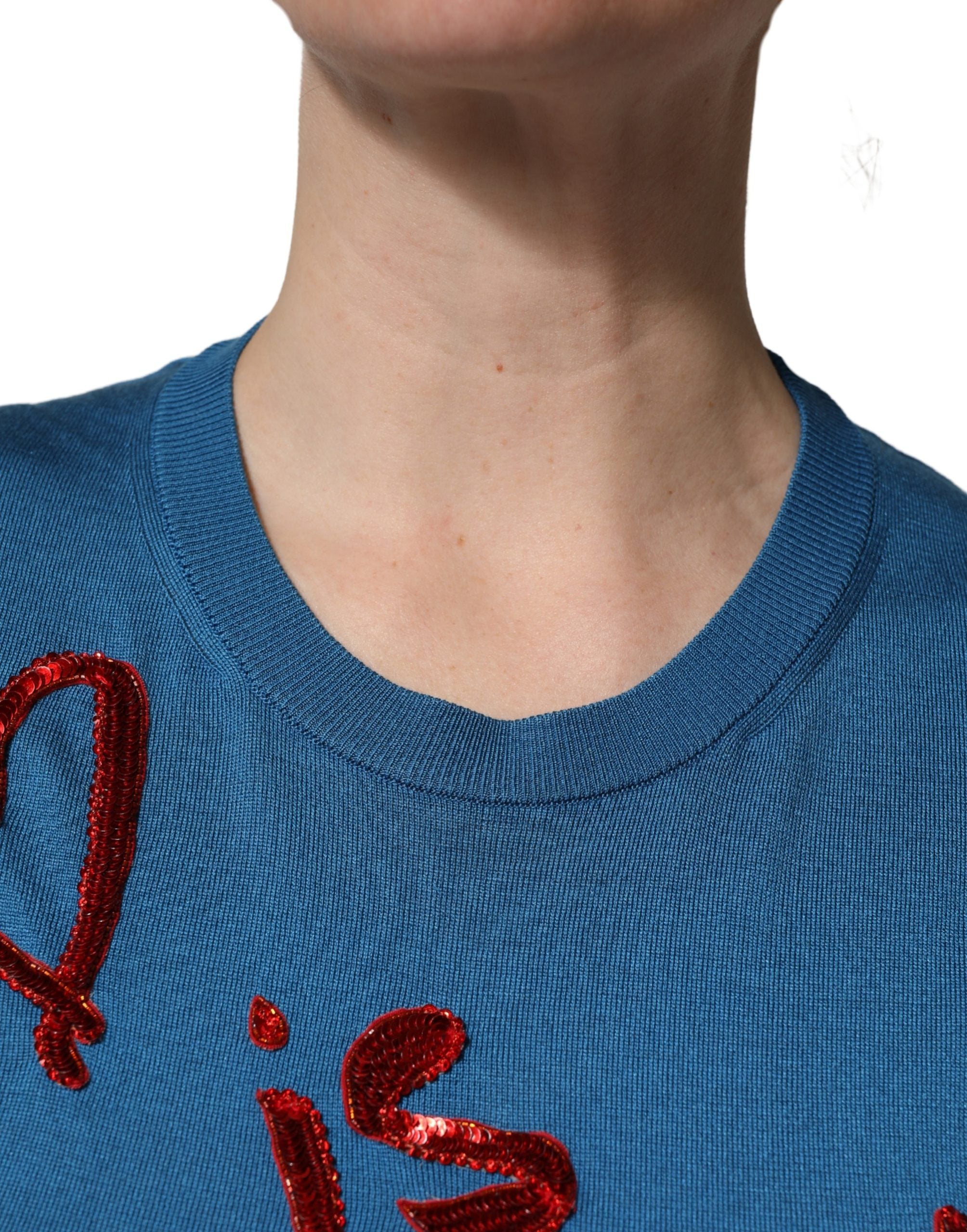 Dolce & Gabbana Blue Silk Sequined CrewNeck Pullover Sweater Dolce & Gabbana