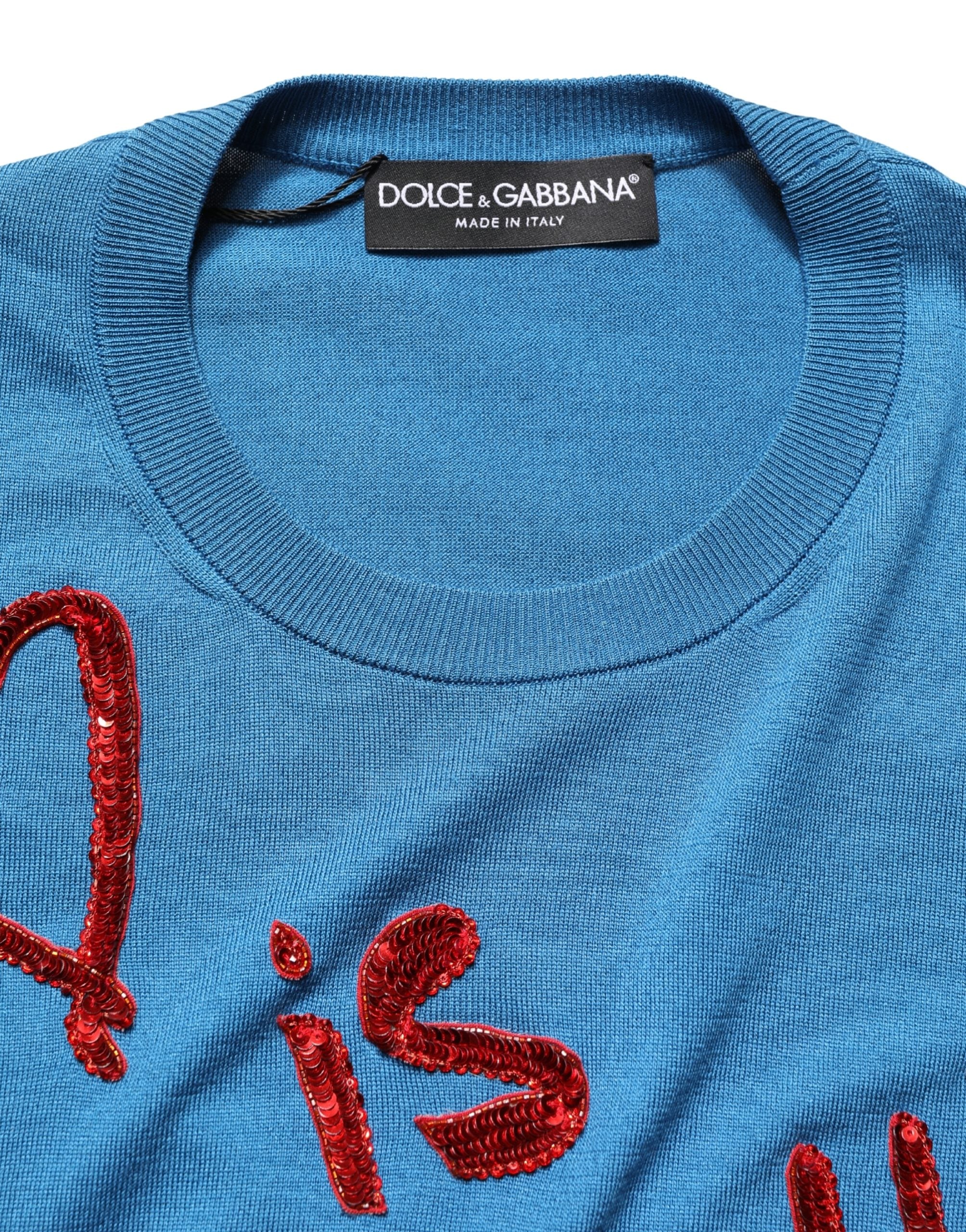 Dolce & Gabbana Blue Silk Sequined CrewNeck Pullover Sweater Dolce & Gabbana