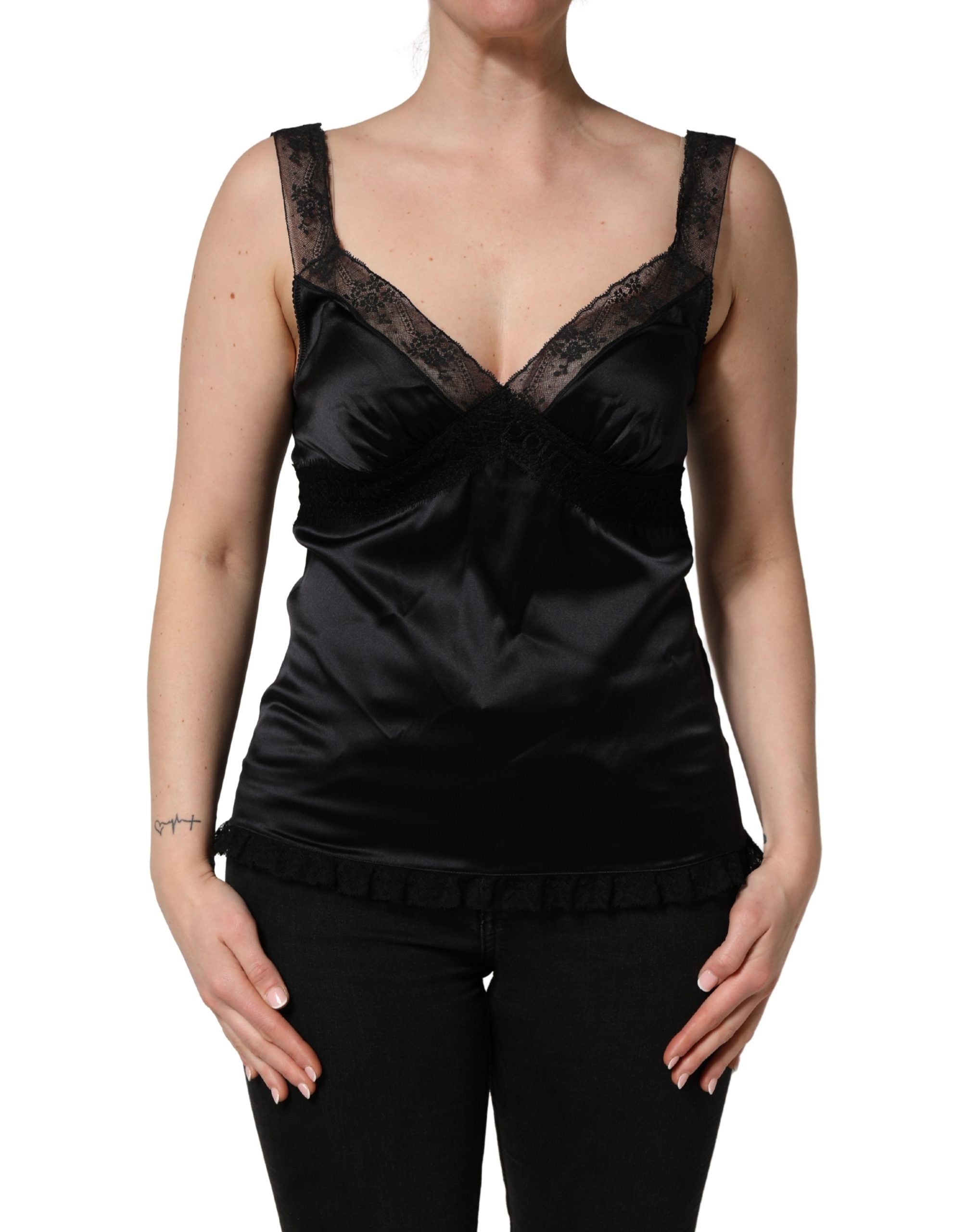 Dolce & Gabbana Black Silk Lace Trim Camisole V-neckline Tank Top Dolce & Gabbana