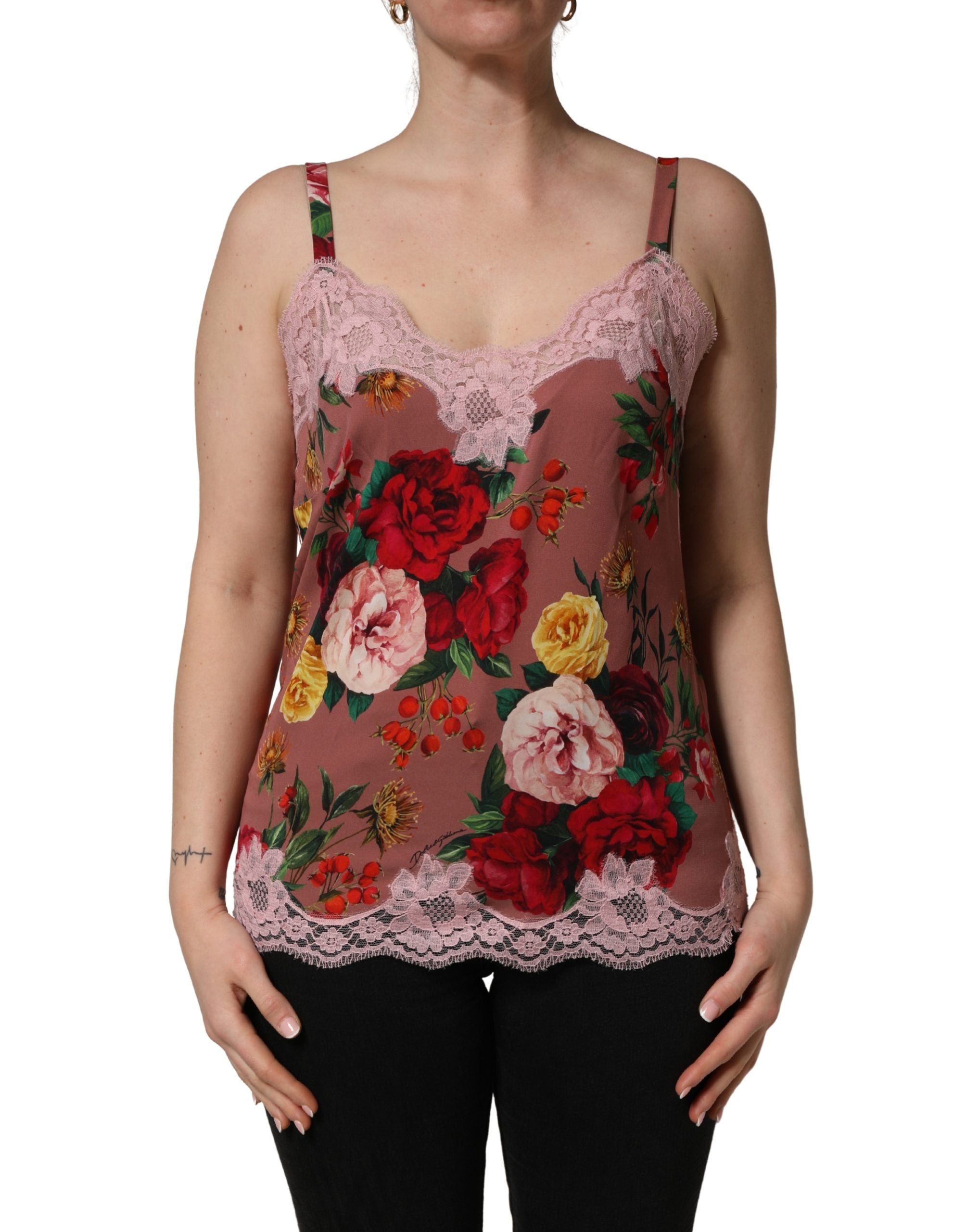 Dolce & Gabbana Brown Rose Print Satin Lace Camisole Tank Top Dolce & Gabbana