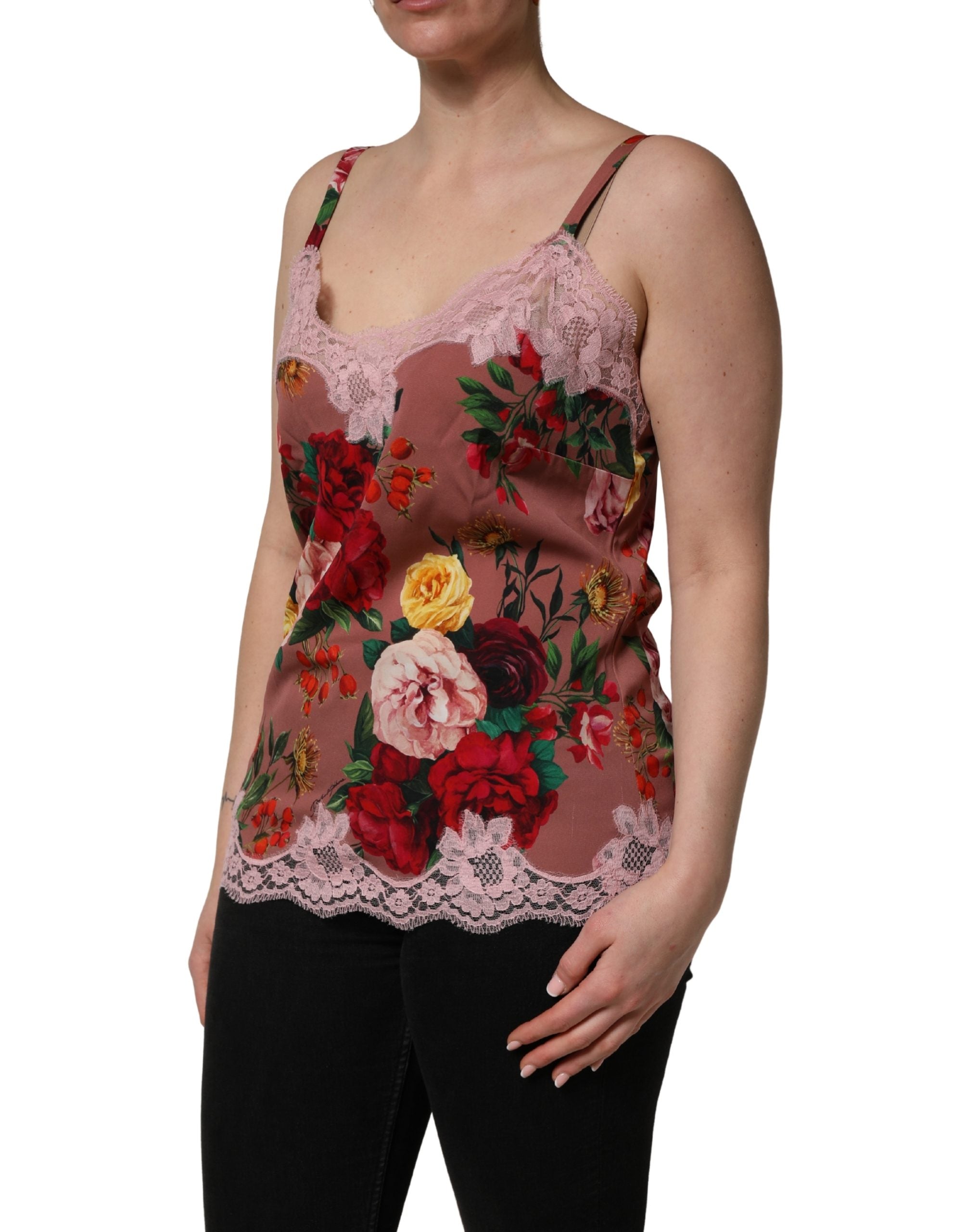 Dolce & Gabbana Brown Rose Print Satin Lace Camisole Tank Top Dolce & Gabbana