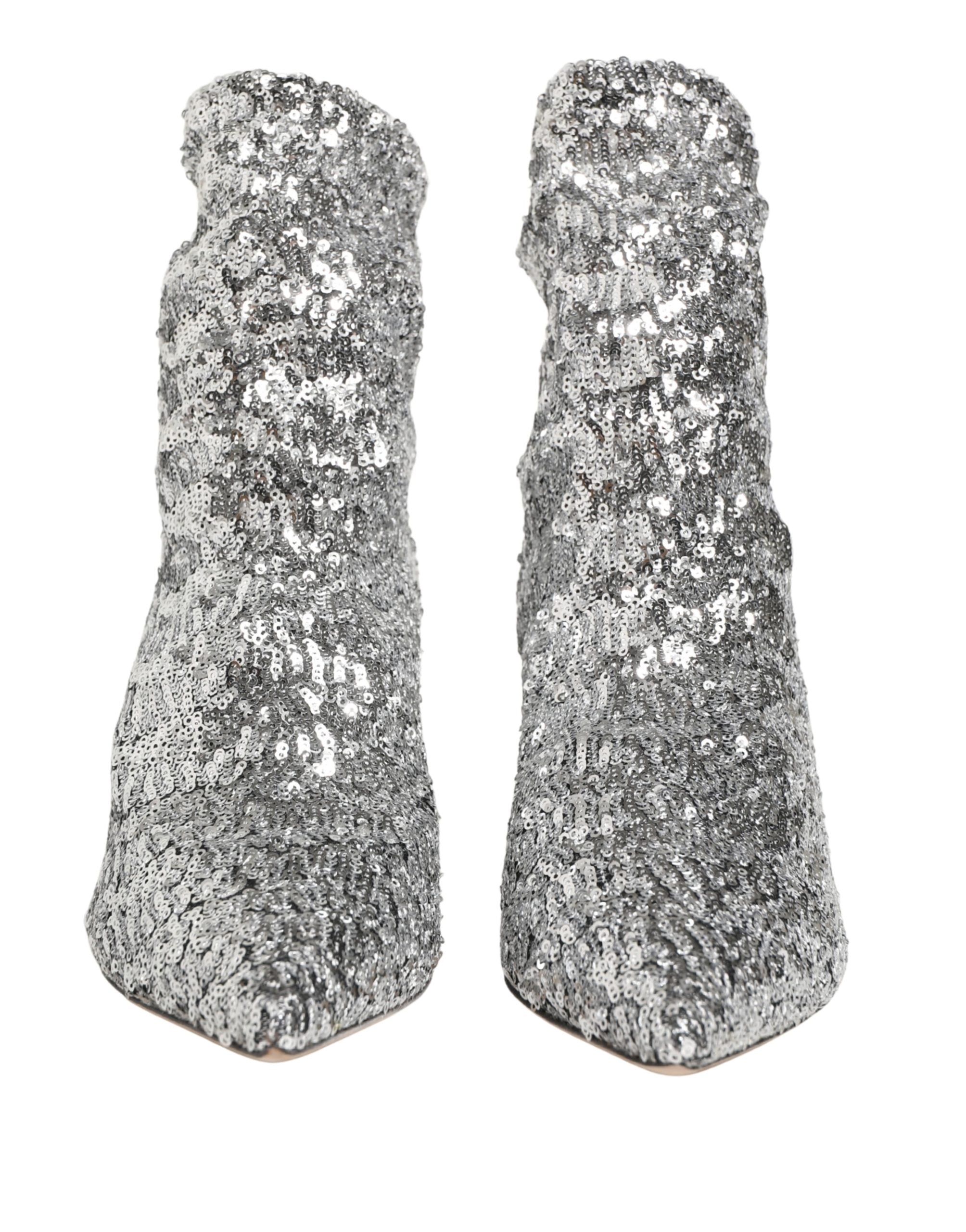 Dolce & Gabbana Silver Sequined Short Boots Stretch Shoes Dolce & Gabbana