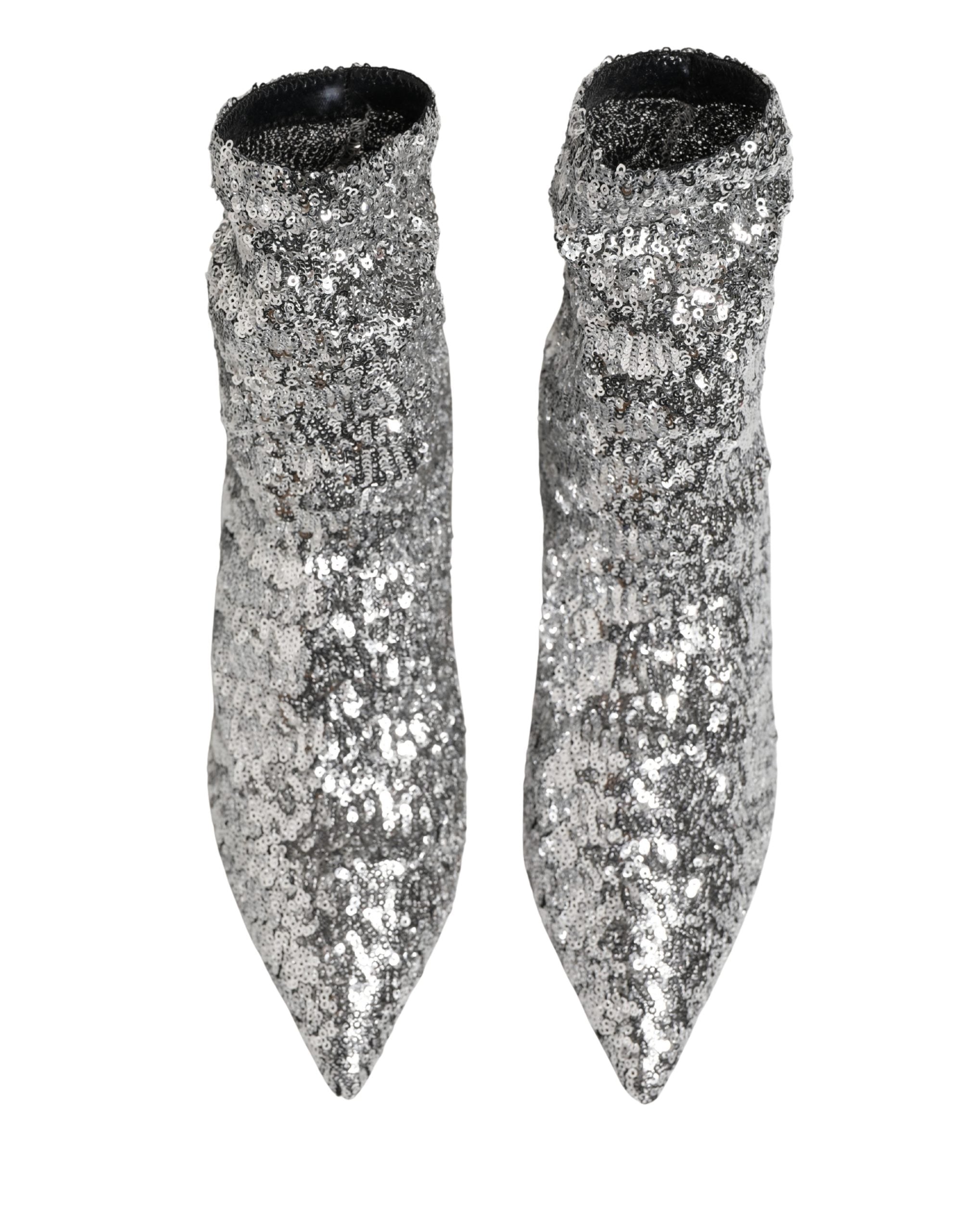 Dolce & Gabbana Silver Sequined Short Boots Stretch Shoes Dolce & Gabbana