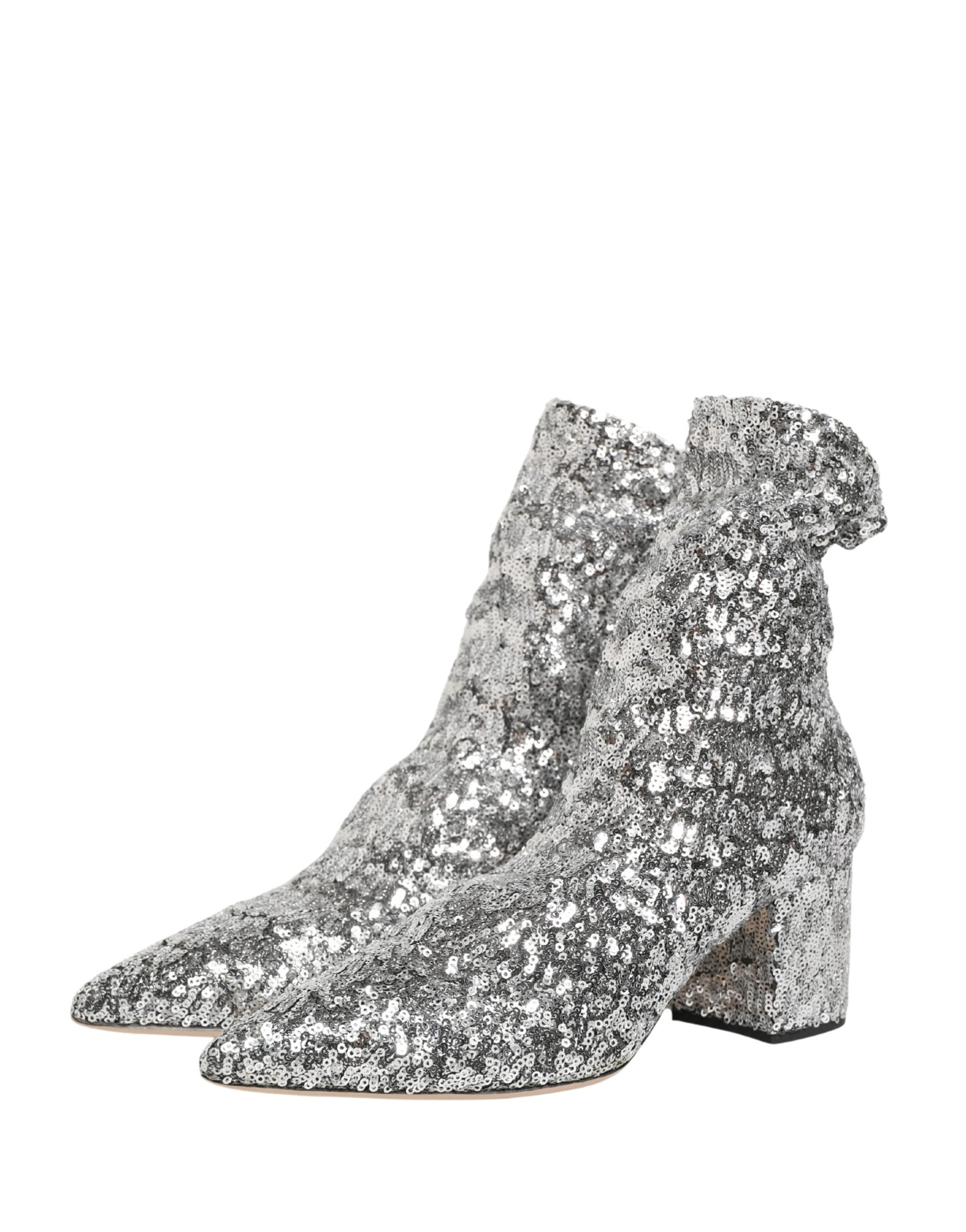 Dolce & Gabbana Silver Sequined Short Boots Stretch Shoes Dolce & Gabbana