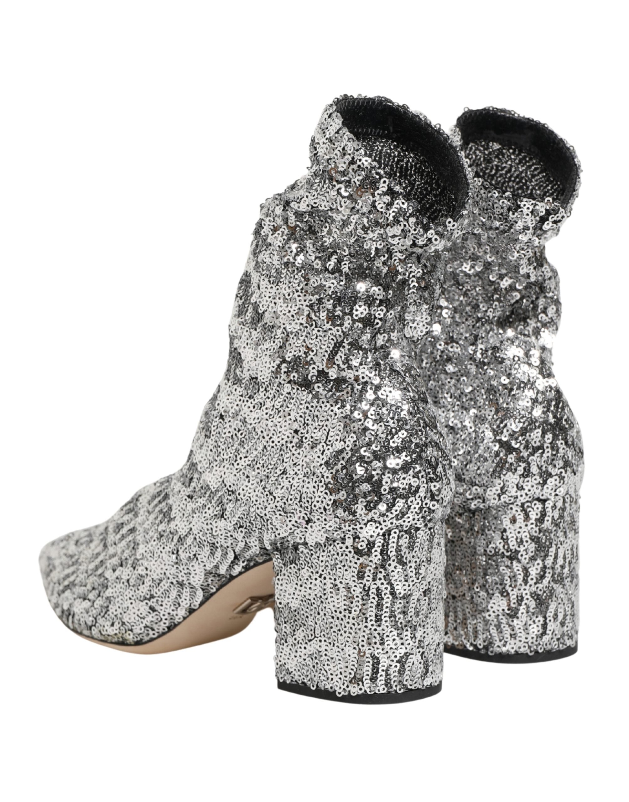 Dolce & Gabbana Silver Sequined Short Boots Stretch Shoes Dolce & Gabbana