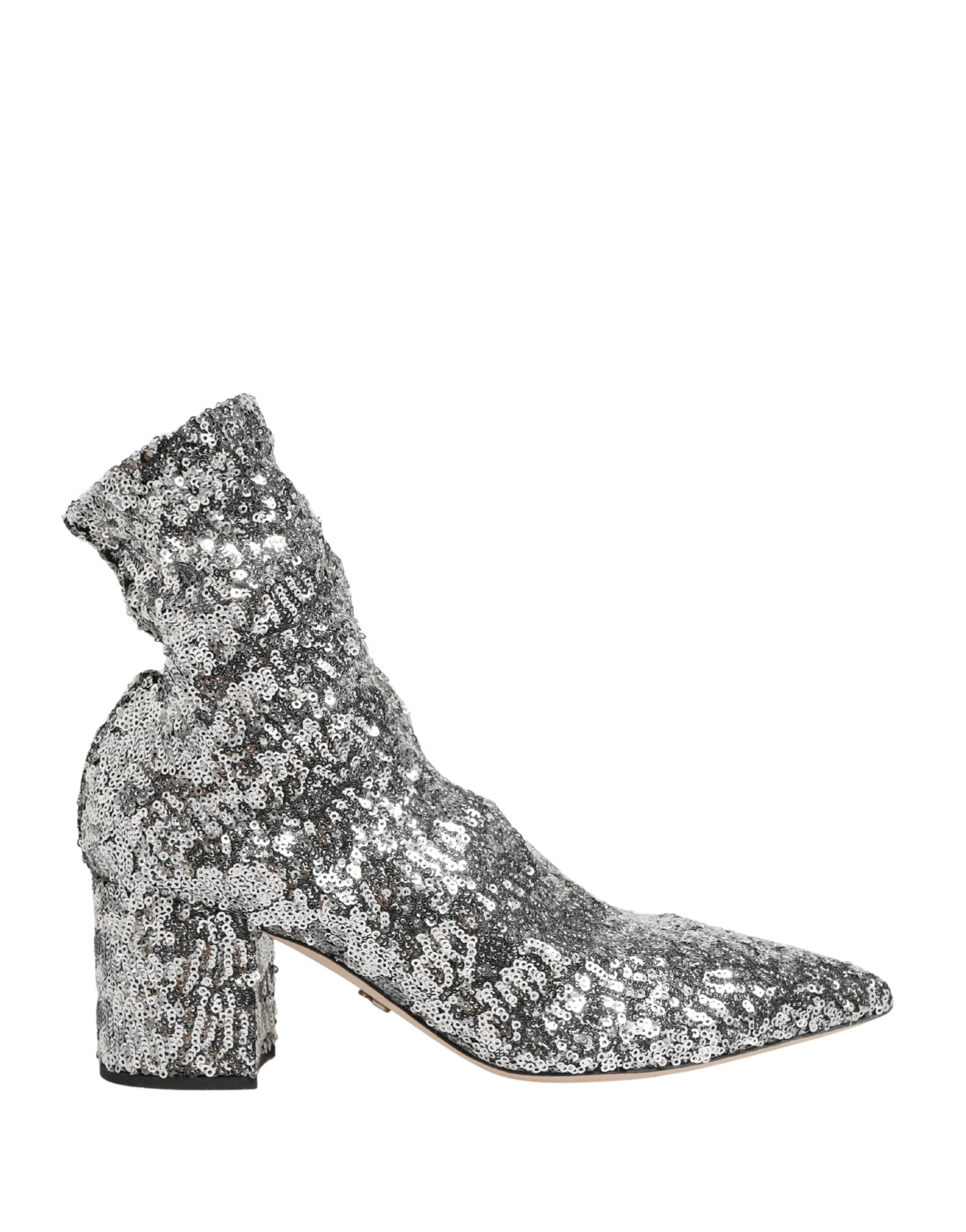 Dolce & Gabbana Silver Sequined Short Boots Stretch Shoes Dolce & Gabbana