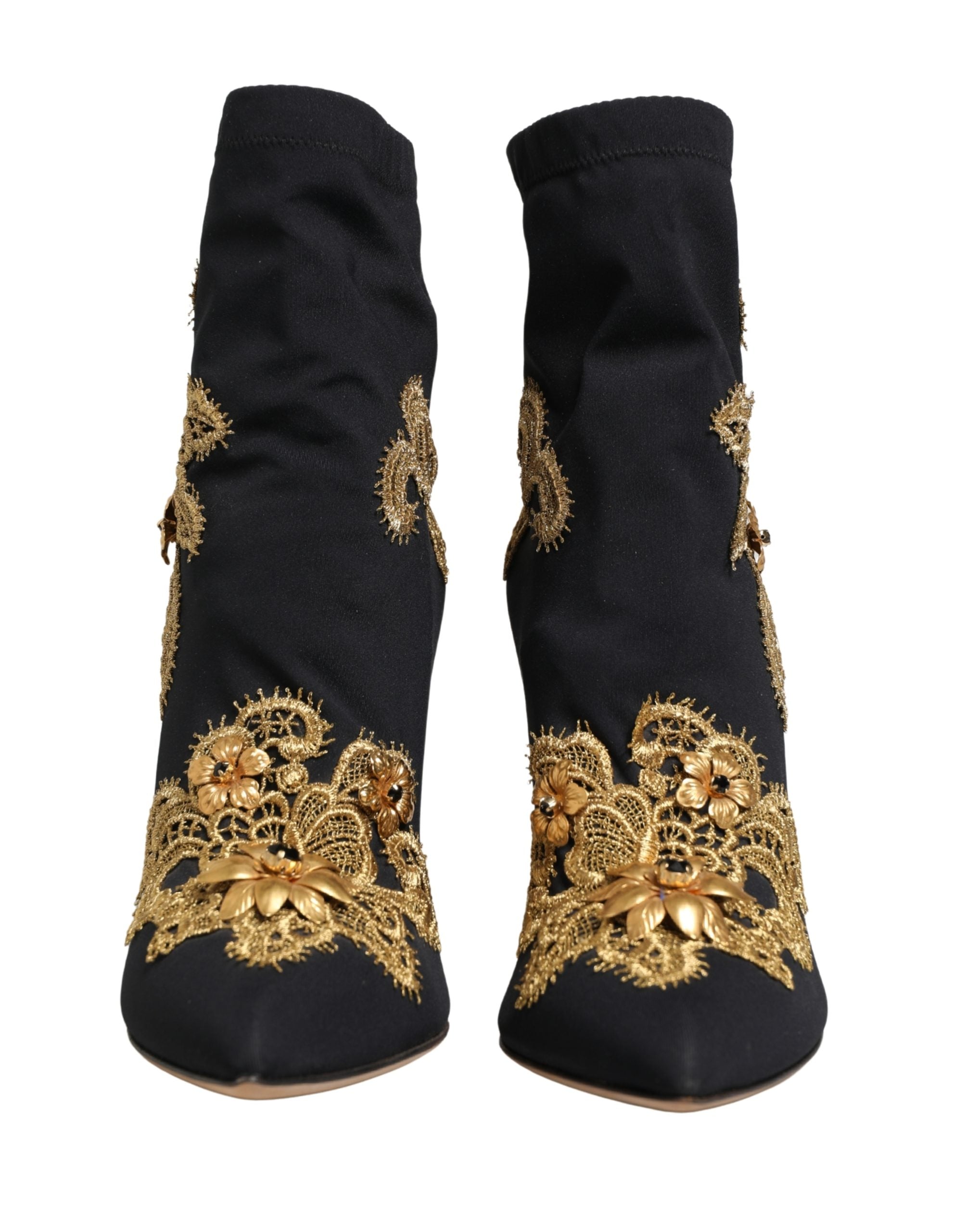Dolce & Gabbana Black Gold Embroidery Crystal Boots Shoes Dolce & Gabbana