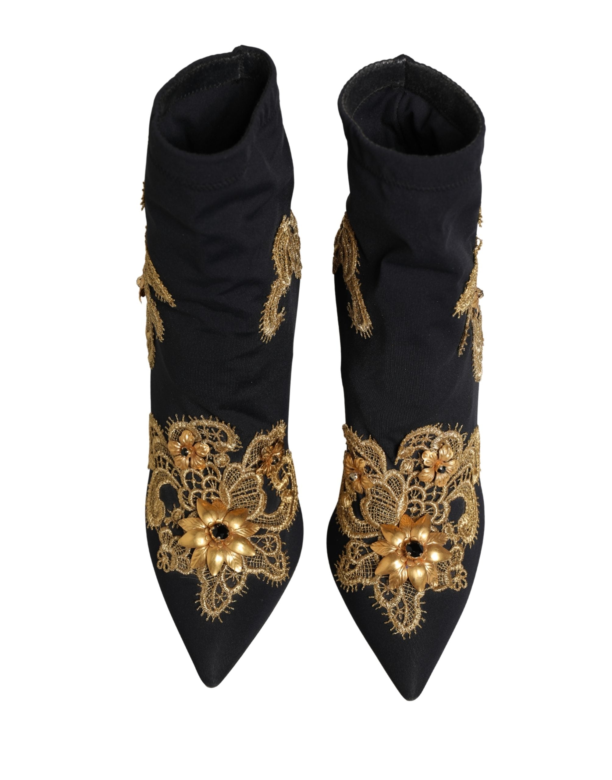 Dolce & Gabbana Black Gold Embroidery Crystal Boots Shoes Dolce & Gabbana