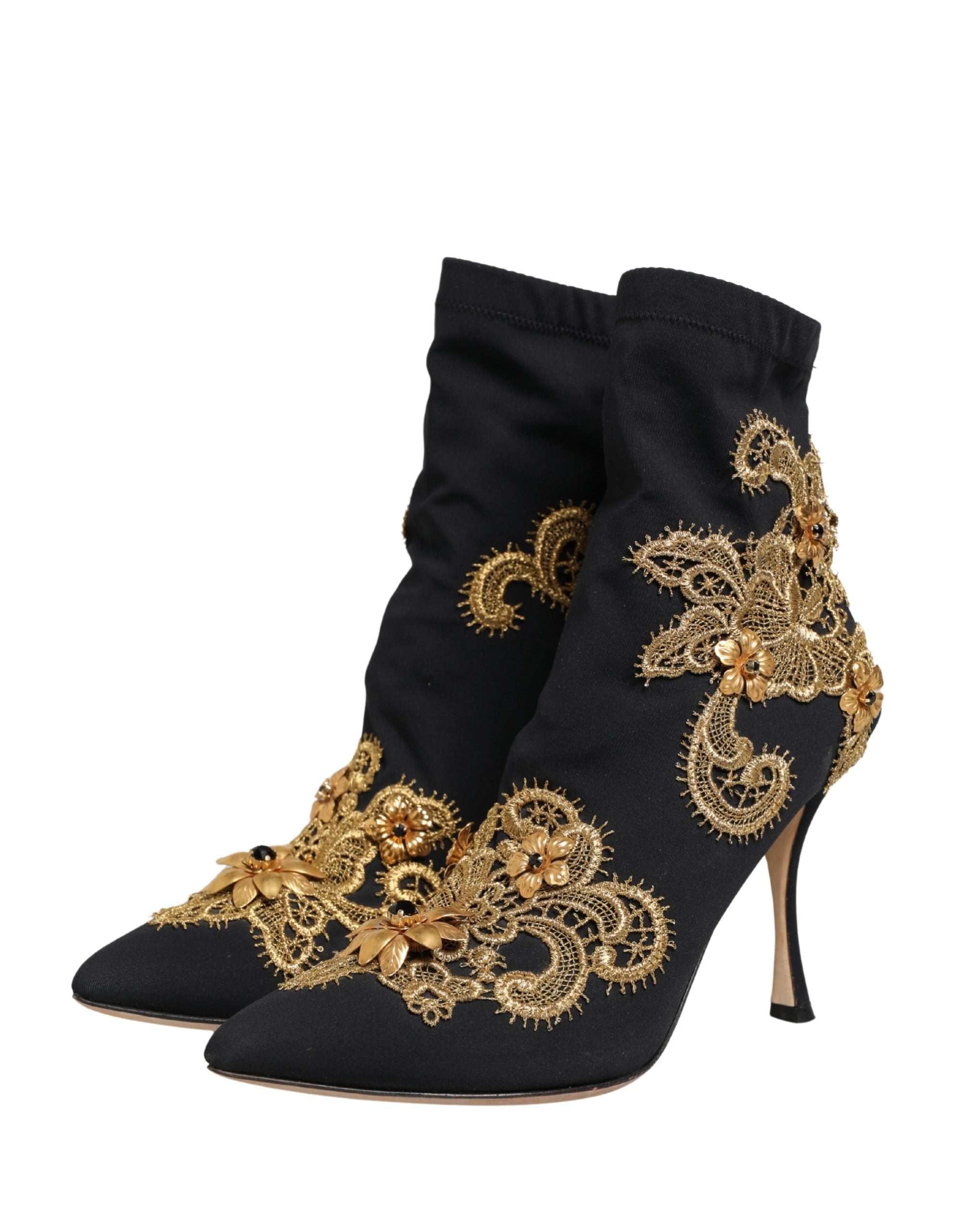 Dolce & Gabbana Black Gold Embroidery Crystal Boots Shoes Dolce & Gabbana