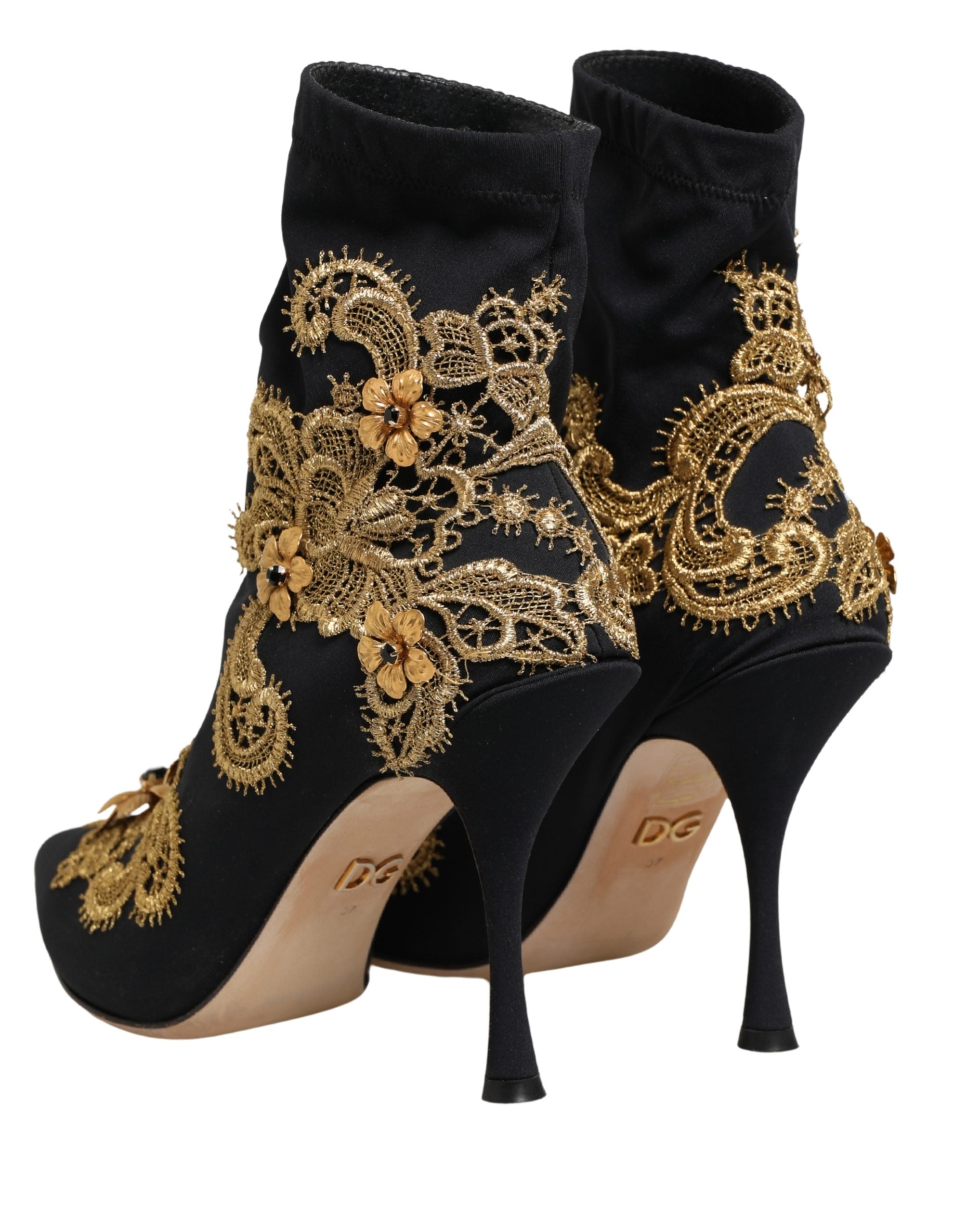 Dolce & Gabbana Black Gold Embroidery Crystal Boots Shoes Dolce & Gabbana