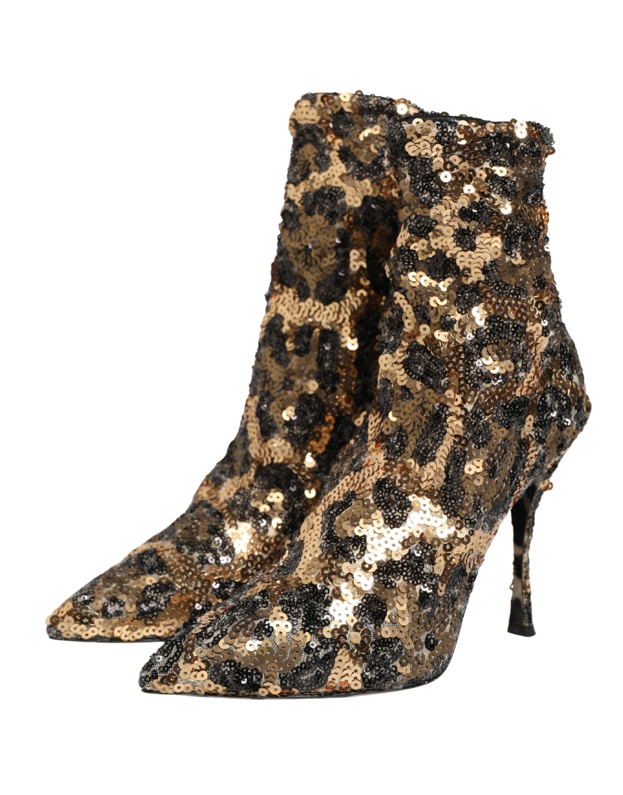 Dolce & Gabbana Gold Leopard Sequin Sock Ankle Boots Shoes Dolce & Gabbana