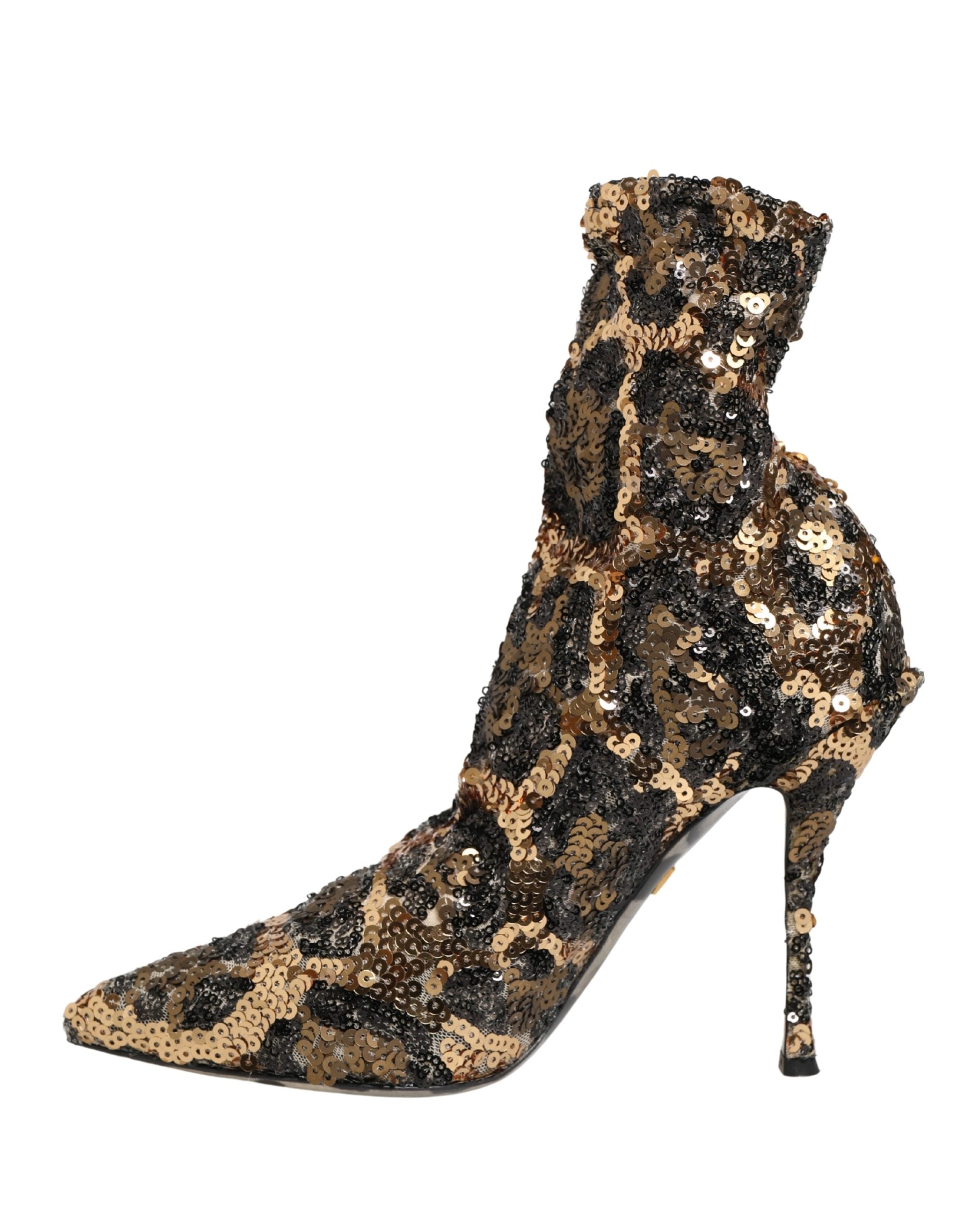 Dolce & Gabbana Gold Leopard Sequin Sock Ankle Boots Shoes Dolce & Gabbana