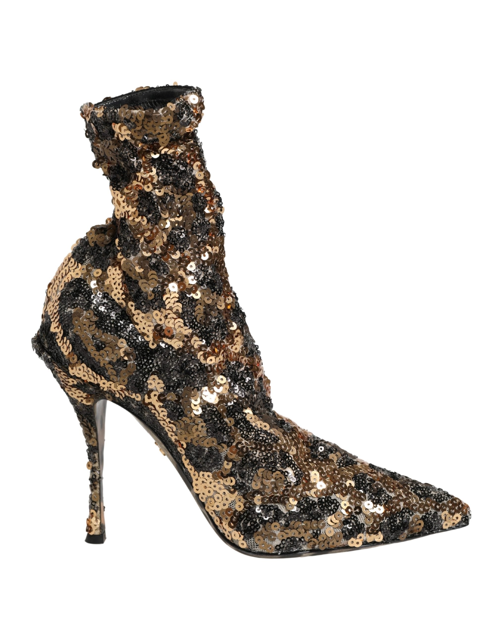 Dolce & Gabbana Gold Leopard Sequin Sock Ankle Boots Shoes Dolce & Gabbana