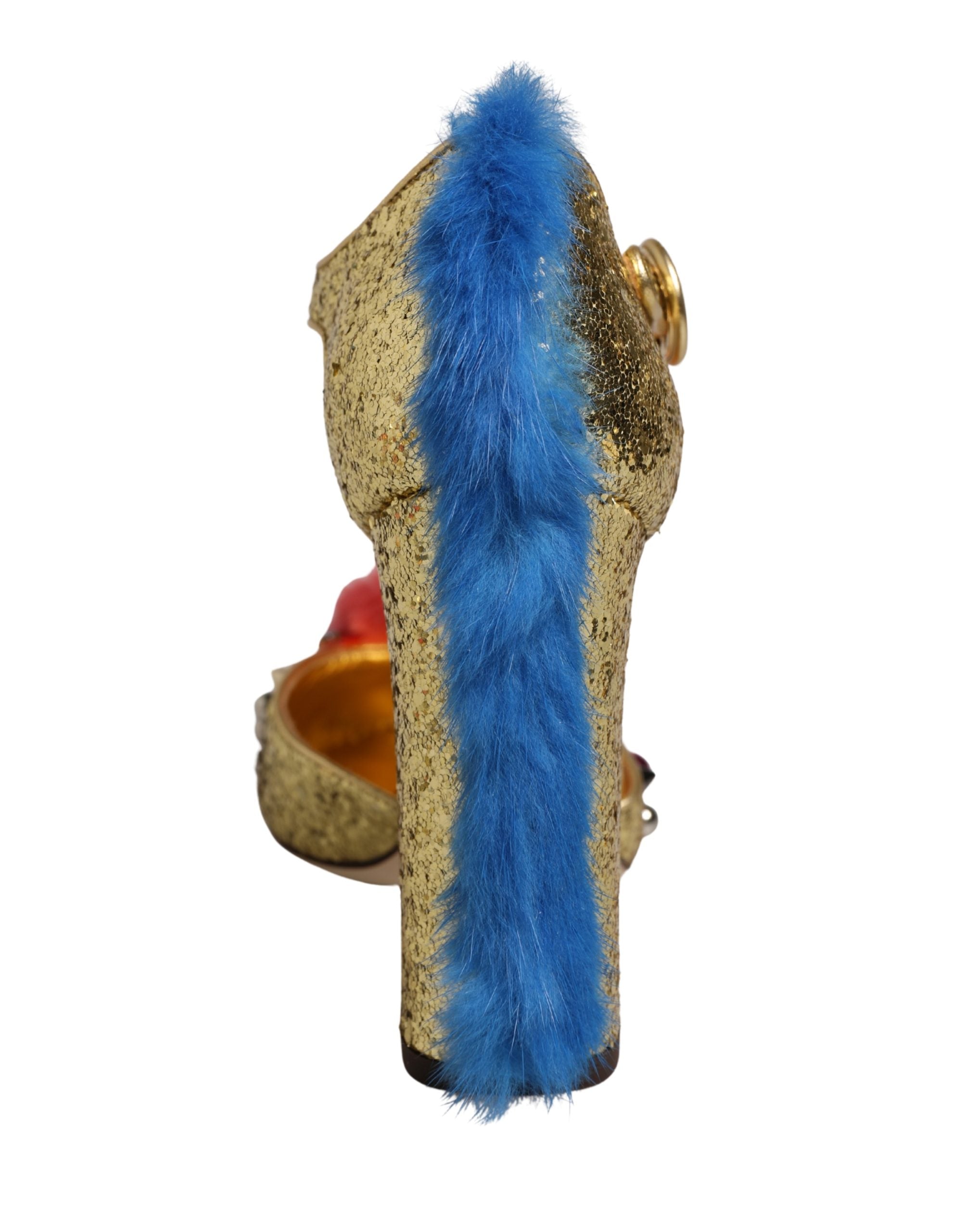 Dolce & Gabbana Gold Fur Trim Glitter T-strap Sandals Shoes Dolce & Gabbana