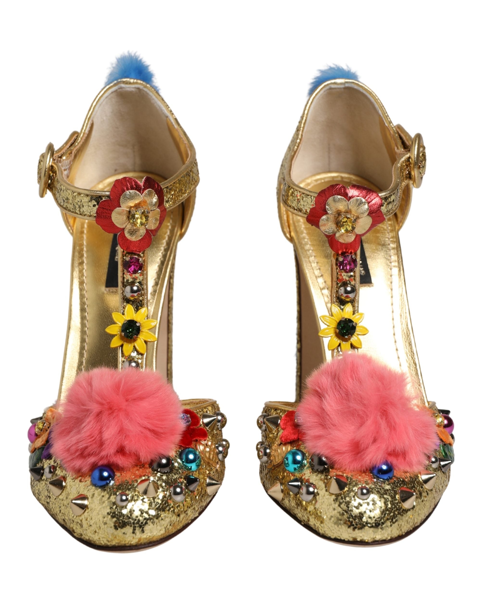 Dolce & Gabbana Gold Fur Trim Glitter T-strap Sandals Shoes Dolce & Gabbana