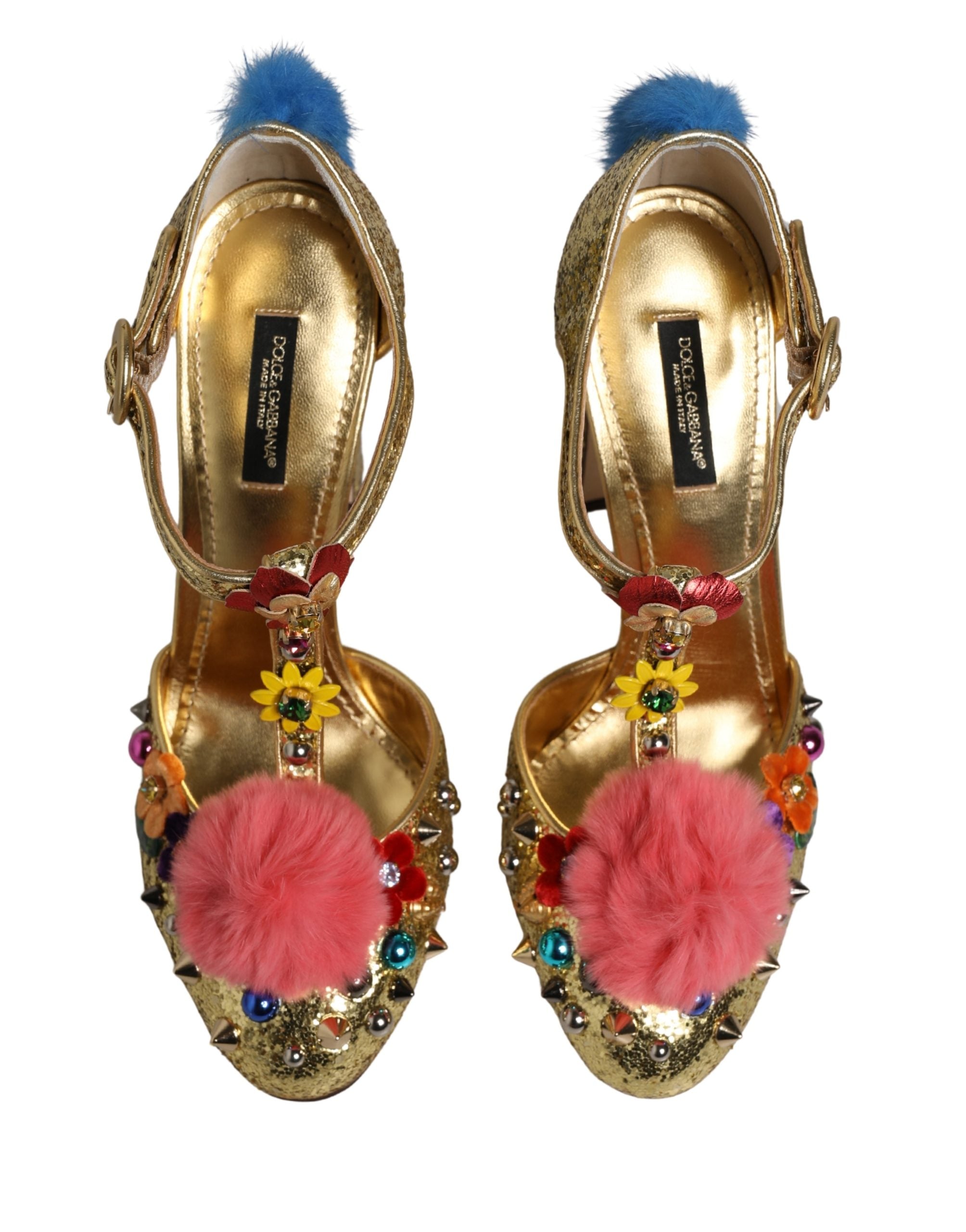 Dolce & Gabbana Gold Fur Trim Glitter T-strap Sandals Shoes Dolce & Gabbana
