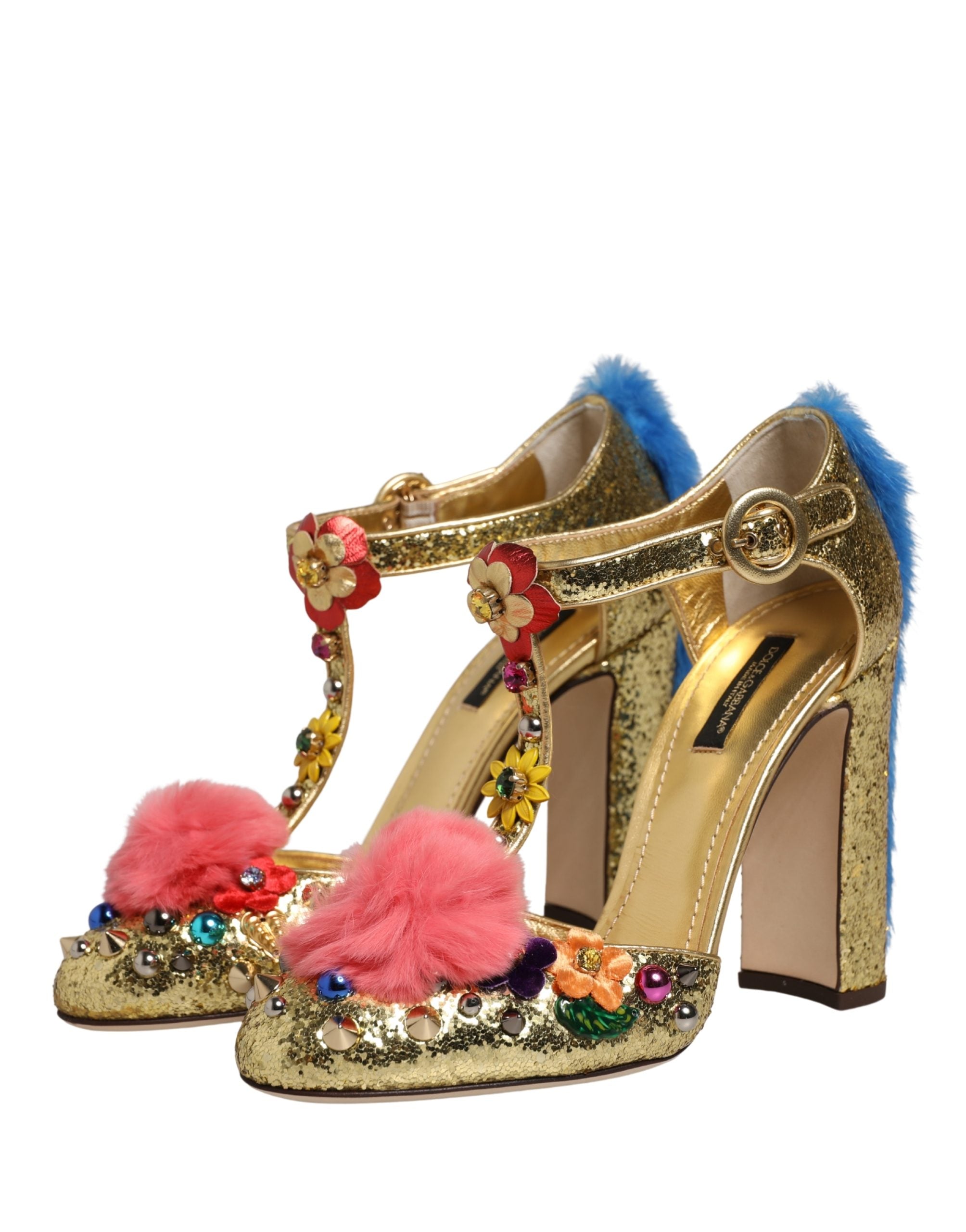 Dolce & Gabbana Gold Fur Trim Glitter T-strap Sandals Shoes Dolce & Gabbana