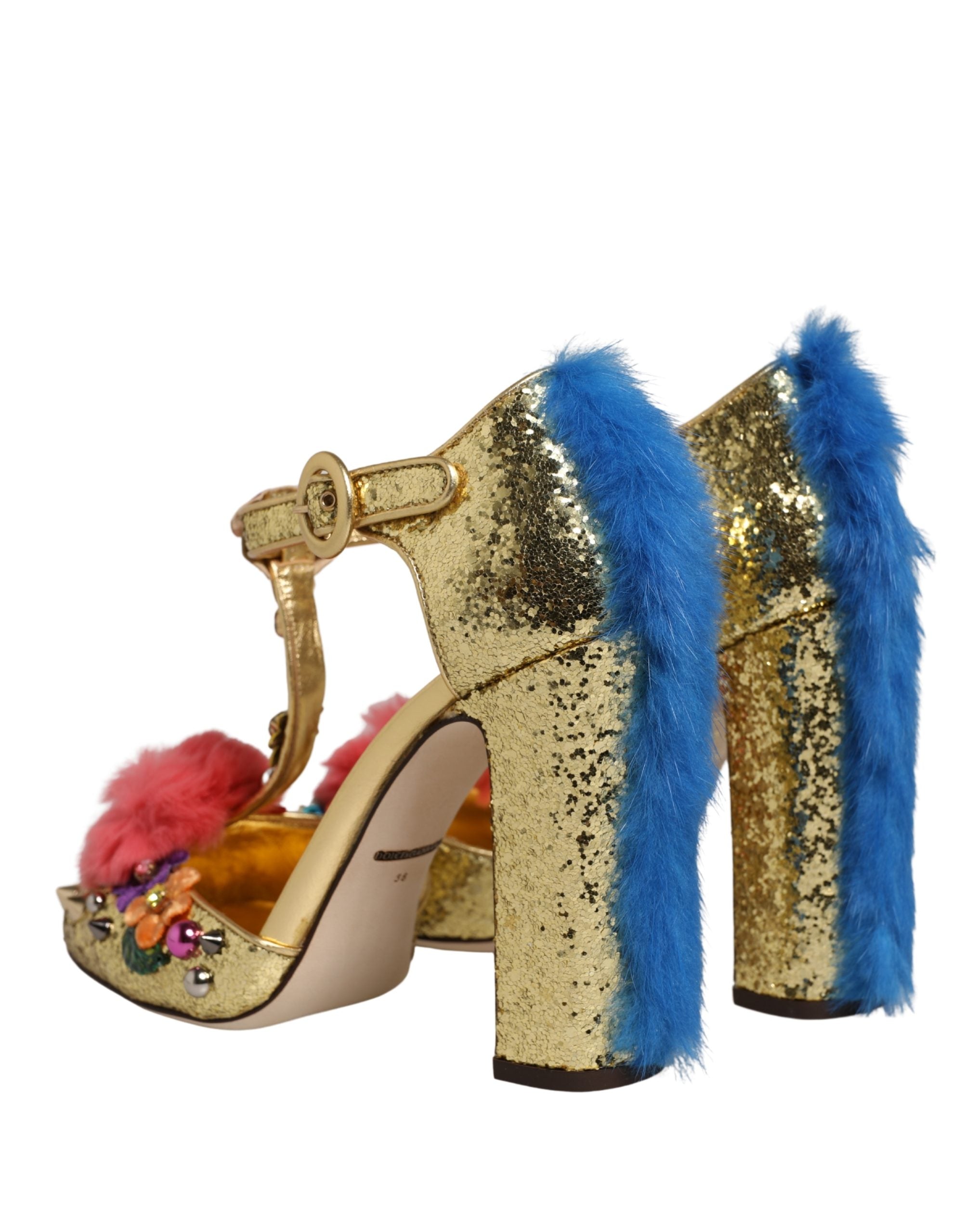 Dolce & Gabbana Gold Fur Trim Glitter T-strap Sandals Shoes Dolce & Gabbana