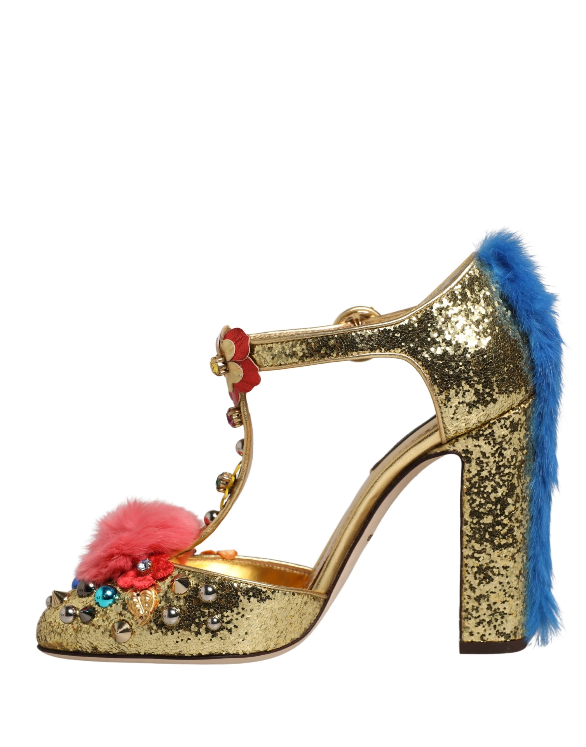 Dolce & Gabbana Gold Fur Trim Glitter T-strap Sandals Shoes Dolce & Gabbana