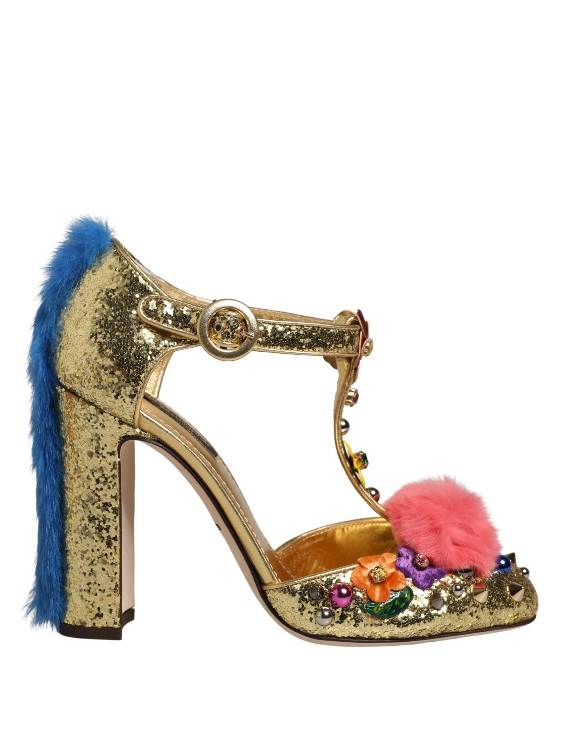 Dolce & Gabbana Gold Fur Trim Glitter T-strap Sandals Shoes Dolce & Gabbana