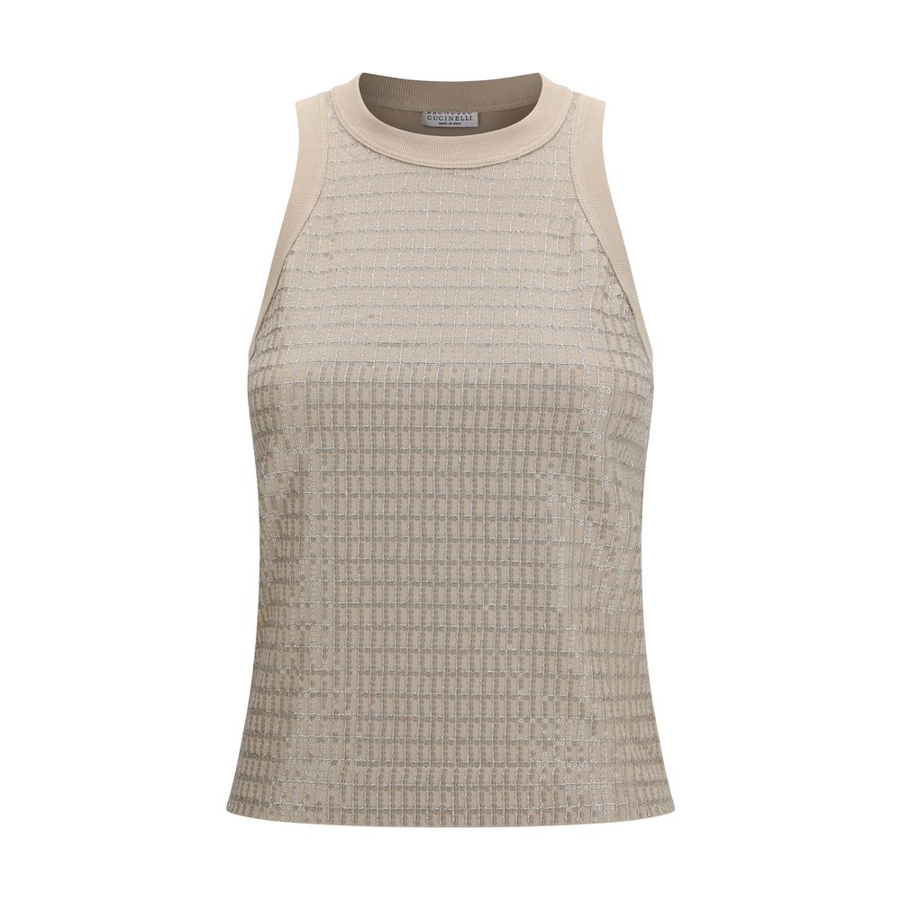 Brunello Cucinelli Beige Cotton Sleeveles T-Shirt Brunello Cucinelli
