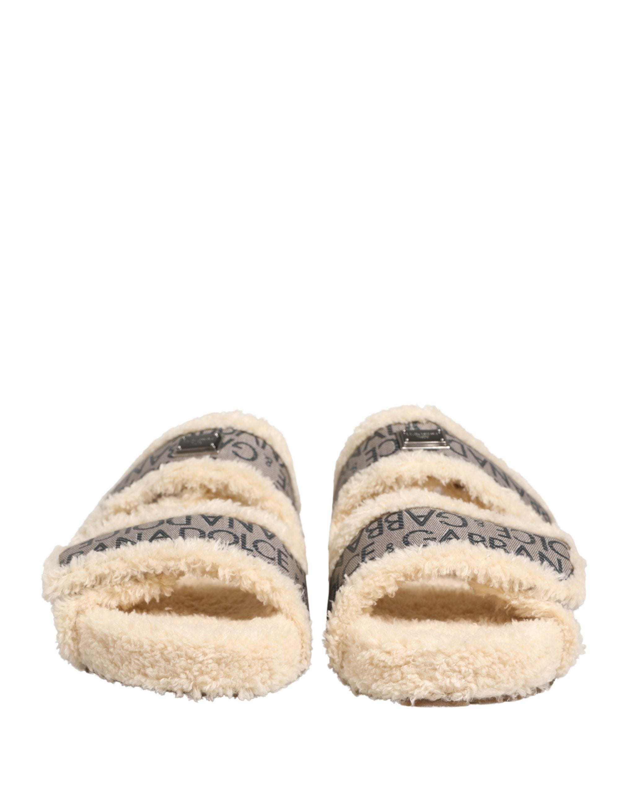 Dolce & Gabbana Beige Faux Fur Logo Print Flats Sandals Shoes Dolce & Gabbana