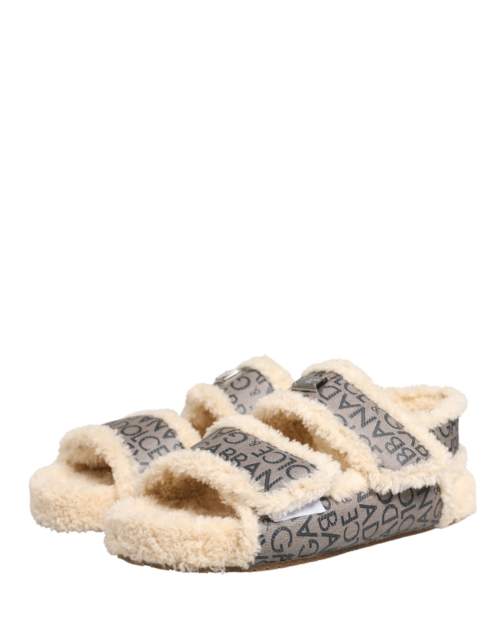Dolce & Gabbana Beige Faux Fur Logo Print Flats Sandals Shoes Dolce & Gabbana