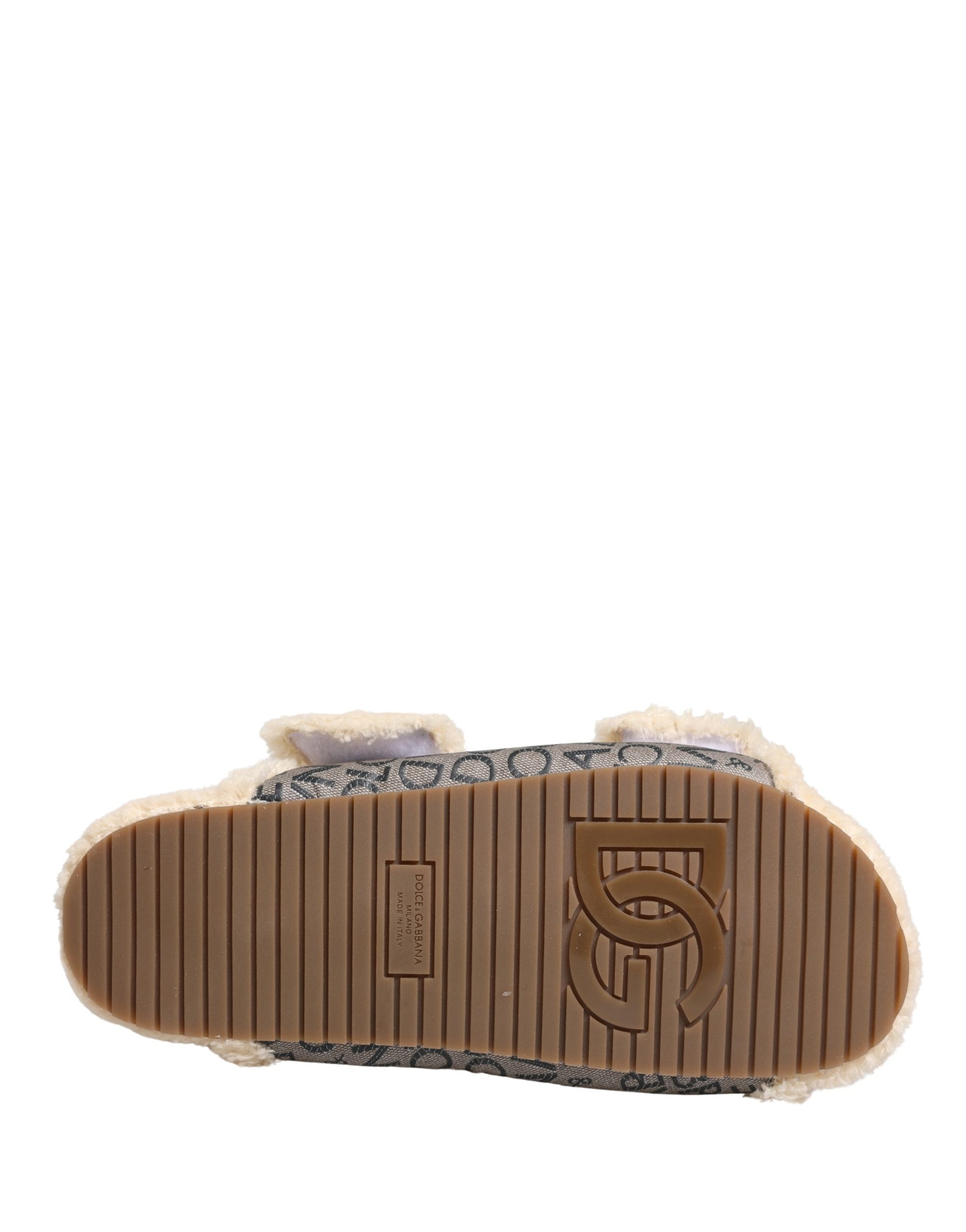 Dolce & Gabbana Beige Faux Fur Logo Print Flats Sandals Shoes Dolce & Gabbana