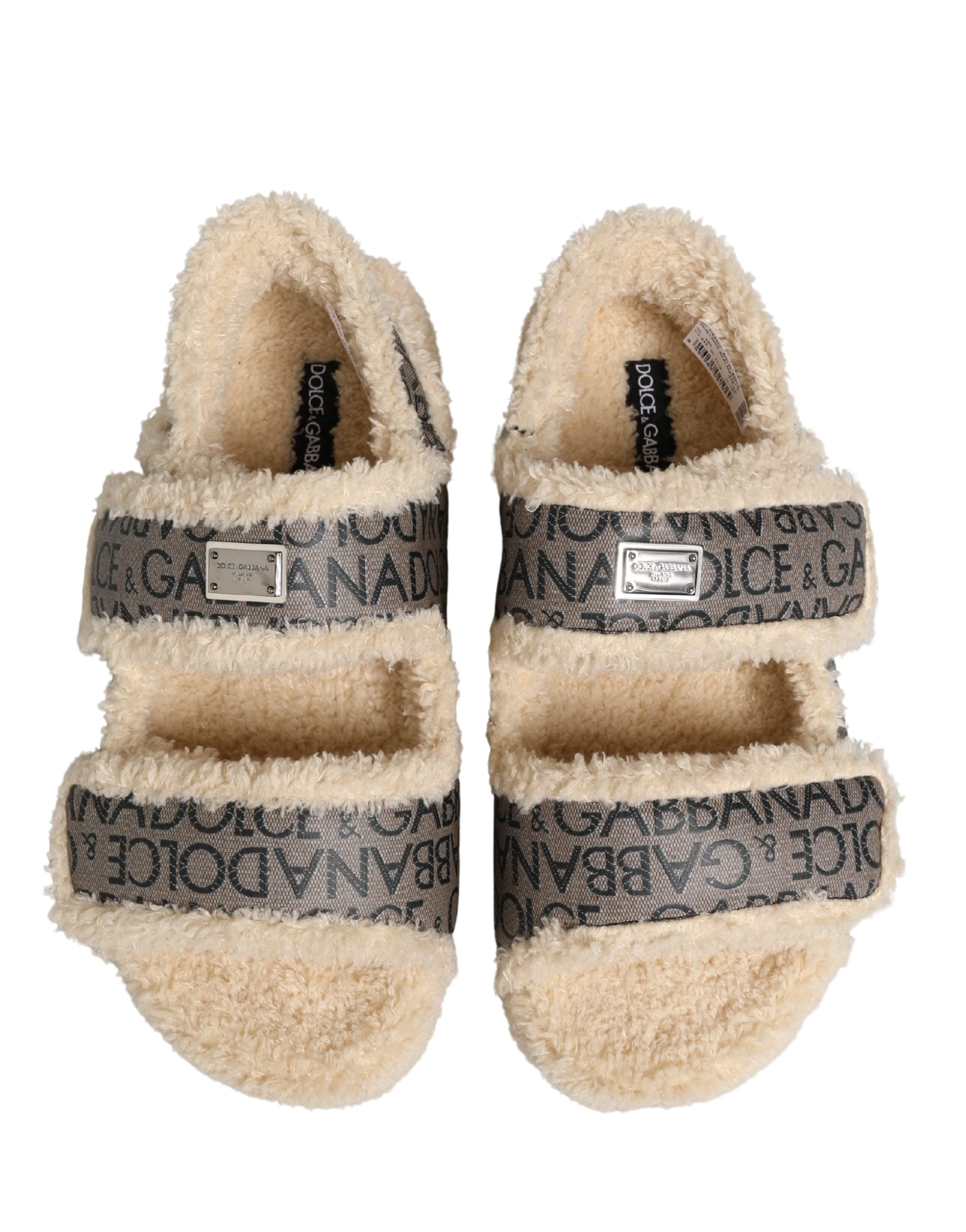 Dolce & Gabbana Beige Faux Fur Logo Print Flats Sandals Shoes Dolce & Gabbana