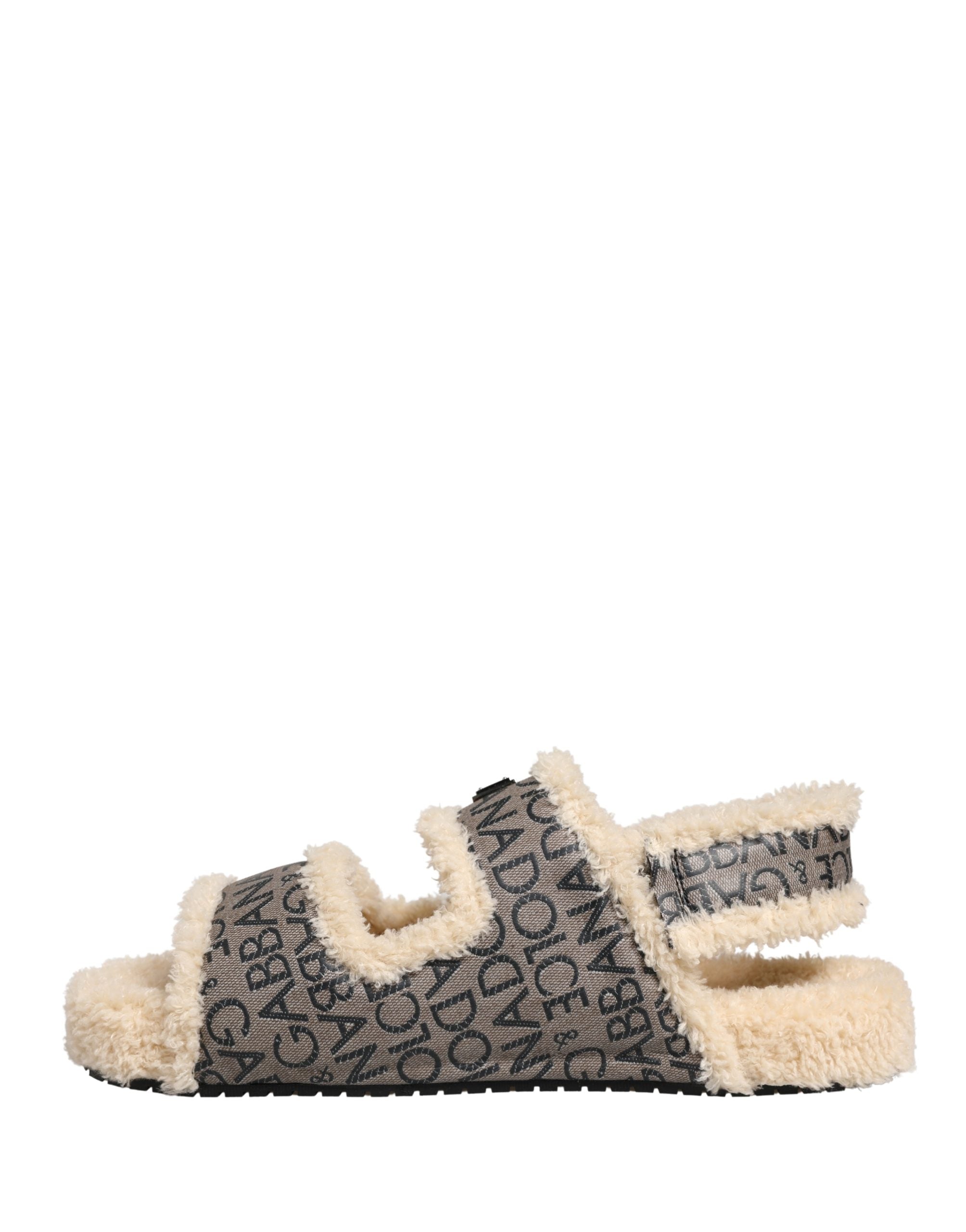 Dolce & Gabbana Beige Faux Fur Logo Print Flats Sandals Shoes Dolce & Gabbana