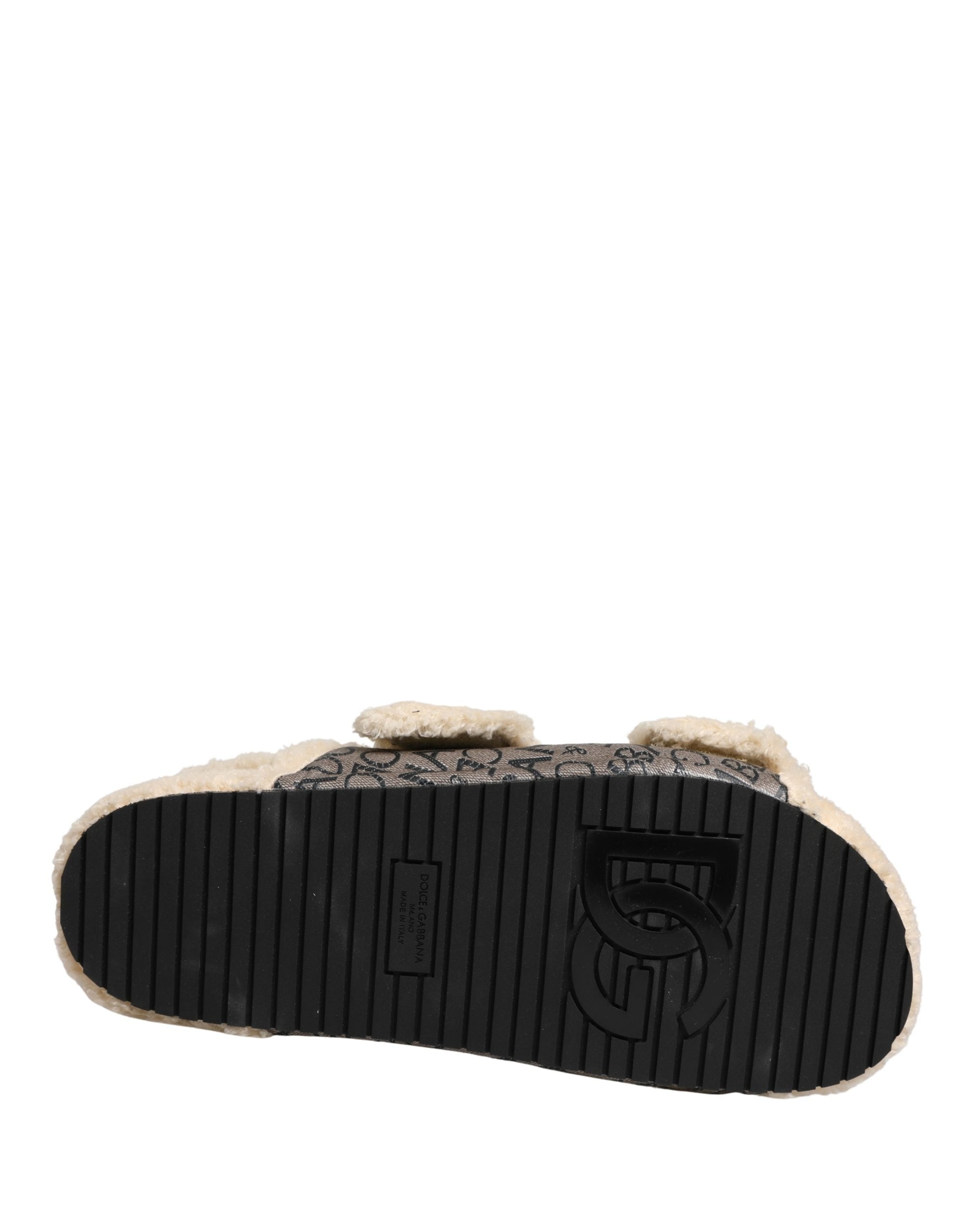 Dolce & Gabbana Beige Faux Fur Logo Print Flats Sandals Shoes Dolce & Gabbana