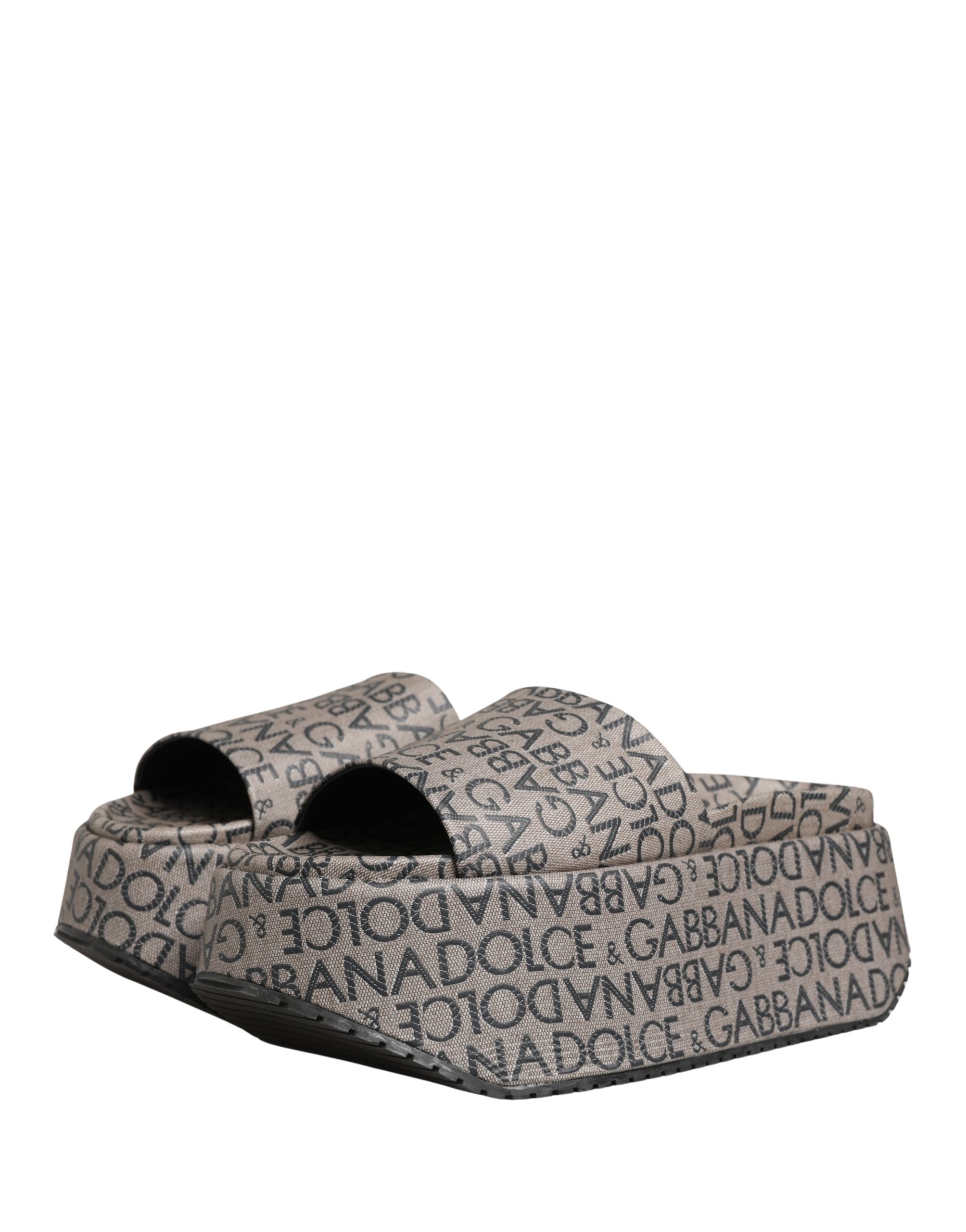 Dolce & Gabbana Gray Leather Monogram Logo Sandals Shoes Dolce & Gabbana