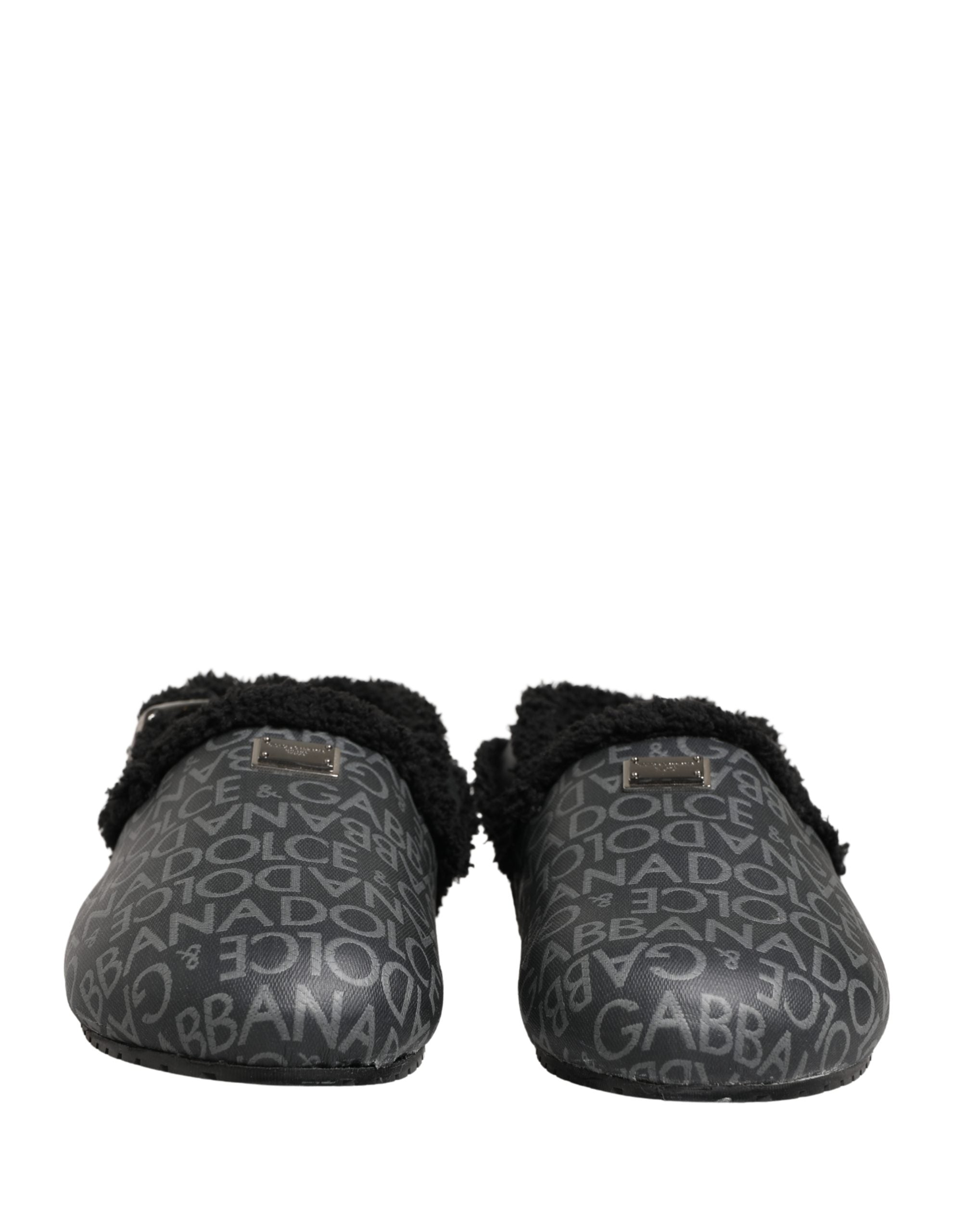 Dolce & Gabbana Gray Faux Fur Jacquard Mules Sandals Shoes Dolce & Gabbana