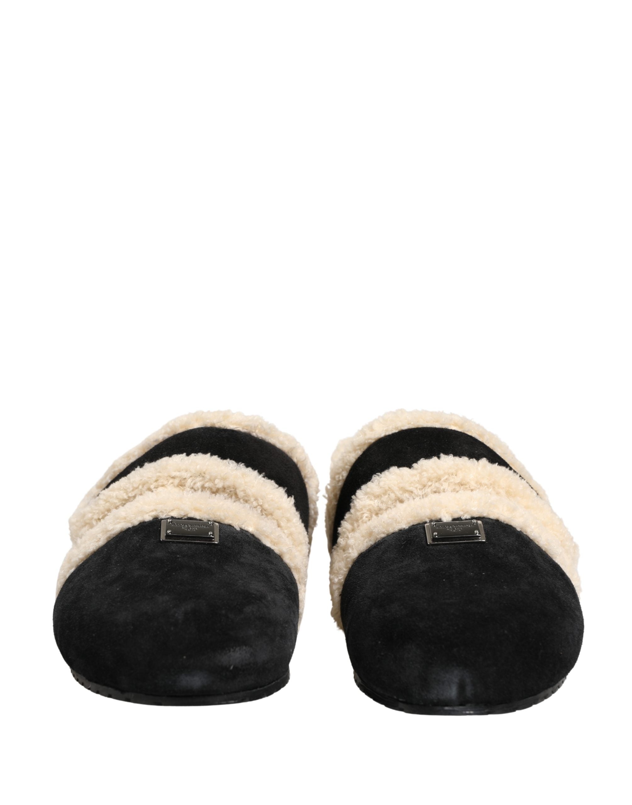 Dolce & Gabbana Beige Black Faux Fur Flats Men Sandals Shoes Dolce & Gabbana