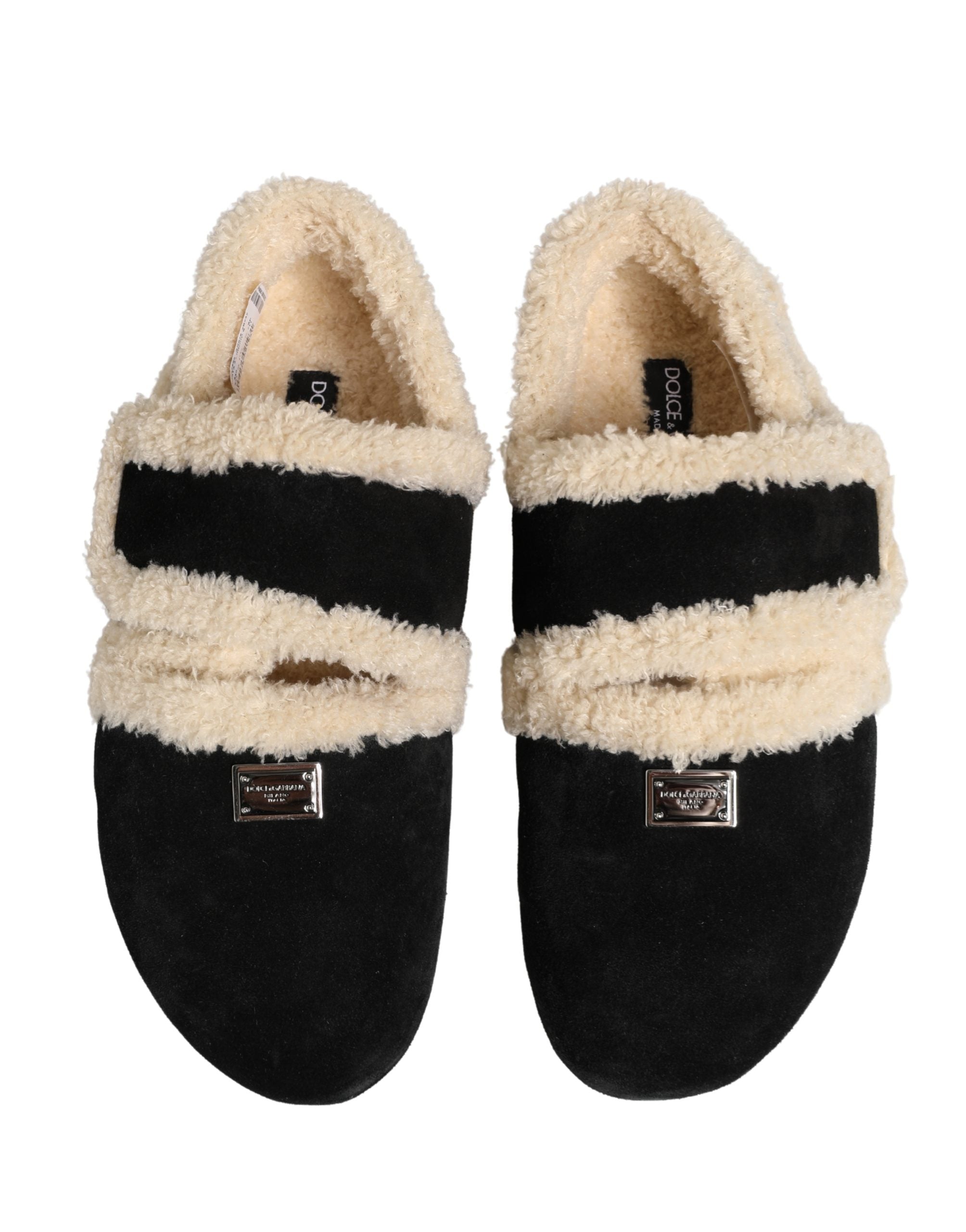 Dolce & Gabbana Beige Black Faux Fur Flats Men Sandals Shoes Dolce & Gabbana
