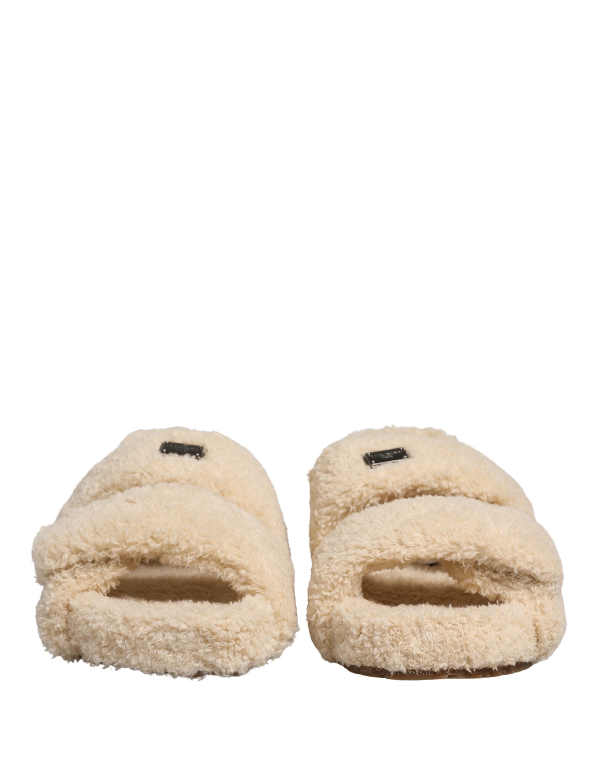Dolce & Gabbana Beige Faux Fur Slides Men Flats Sandals Shoes Dolce & Gabbana