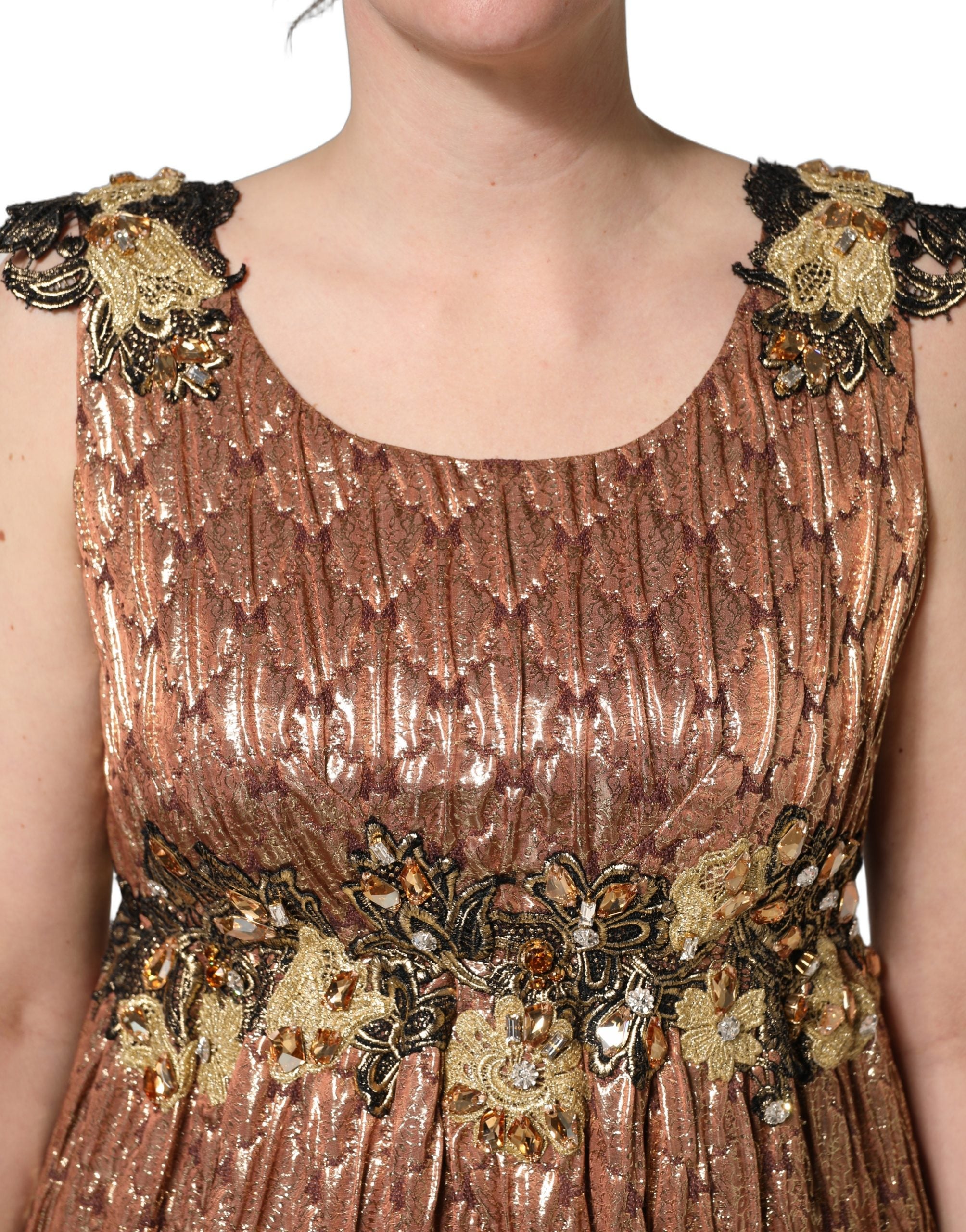 Dolce & Gabbana Brown Metallic Crystal Evening Gown Dress Dolce & Gabbana