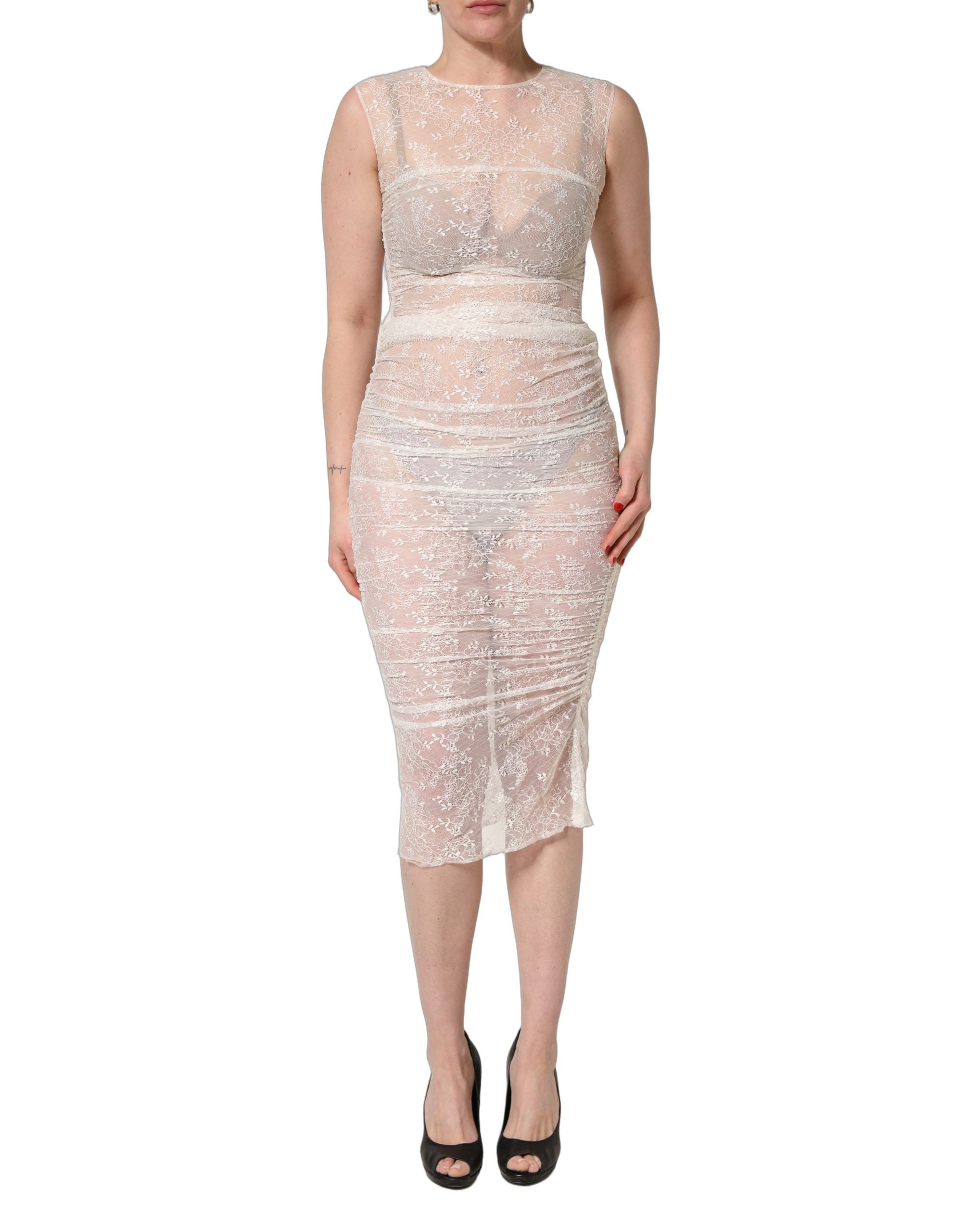 Dolce & Gabbana White Floral Lace Sheer Sleeveless Midi Dress Dolce & Gabbana