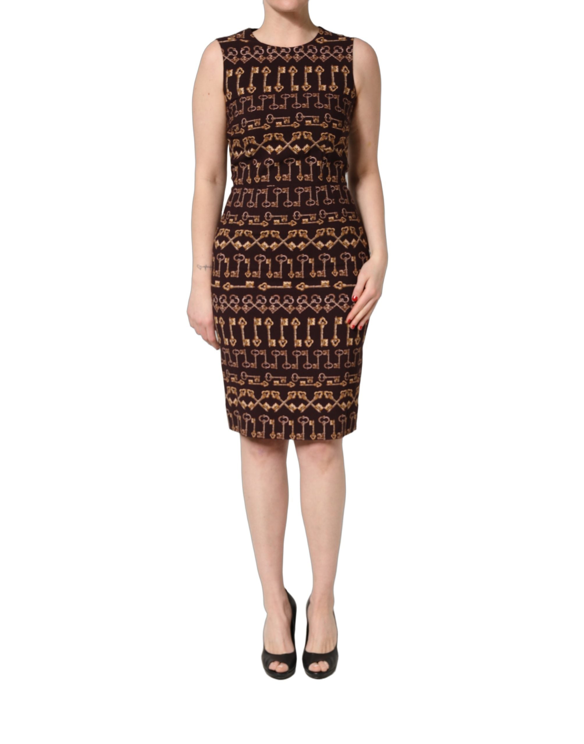 Dolce & Gabbana Brown Keys Fitted Sheath Knee Length Dress Dolce & Gabbana