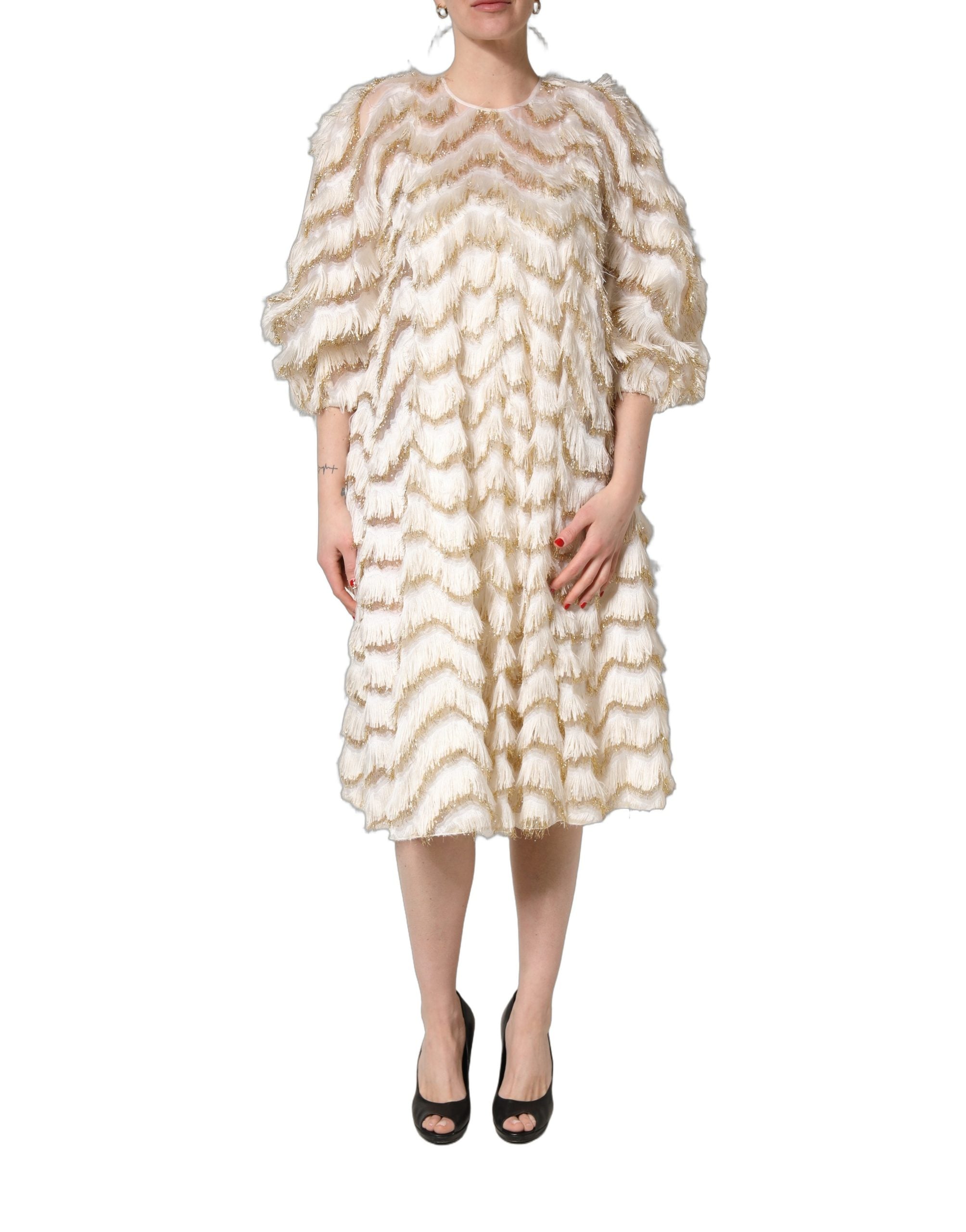 Dolce & Gabbana Ivory Fringe Layered Shift Midi Dress Dolce & Gabbana
