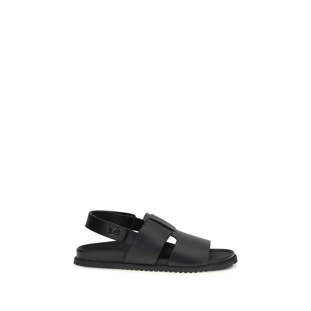 Dolce & Gabbana Black Calf Leather Bos Taurus Flat Sandals Dolce & Gabbana