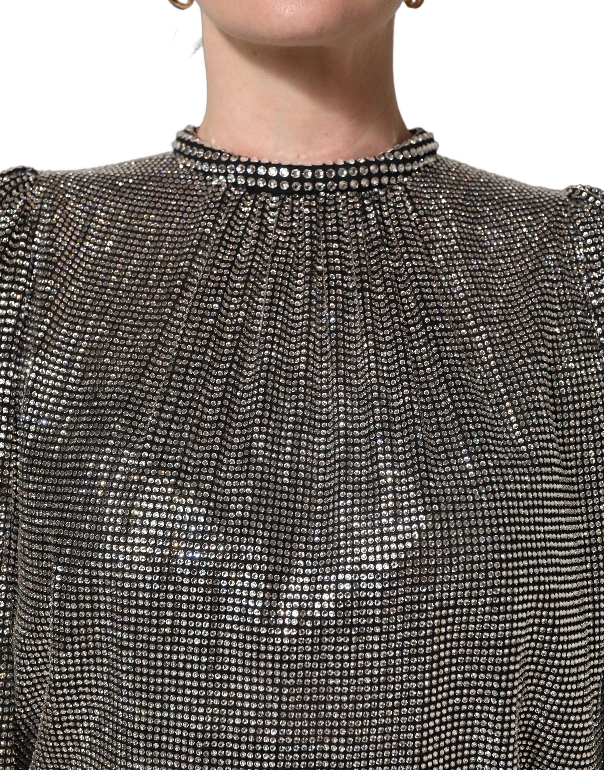 Dolce & Gabbana Silver Rhinestones Long Sleeves Bodysuit Mini Dress Dolce & Gabbana