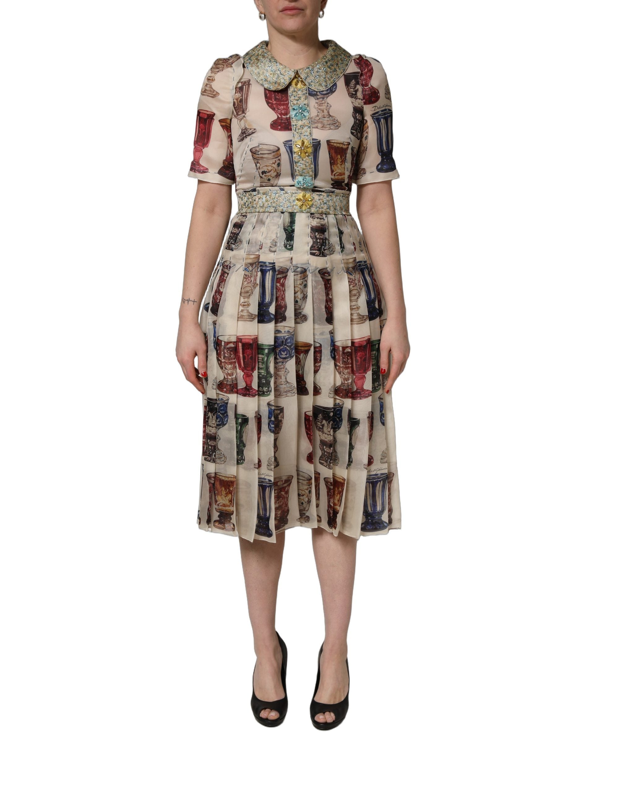 Dolce & Gabbana Multicolor Vintage Glassware Midi Dress Dolce & Gabbana